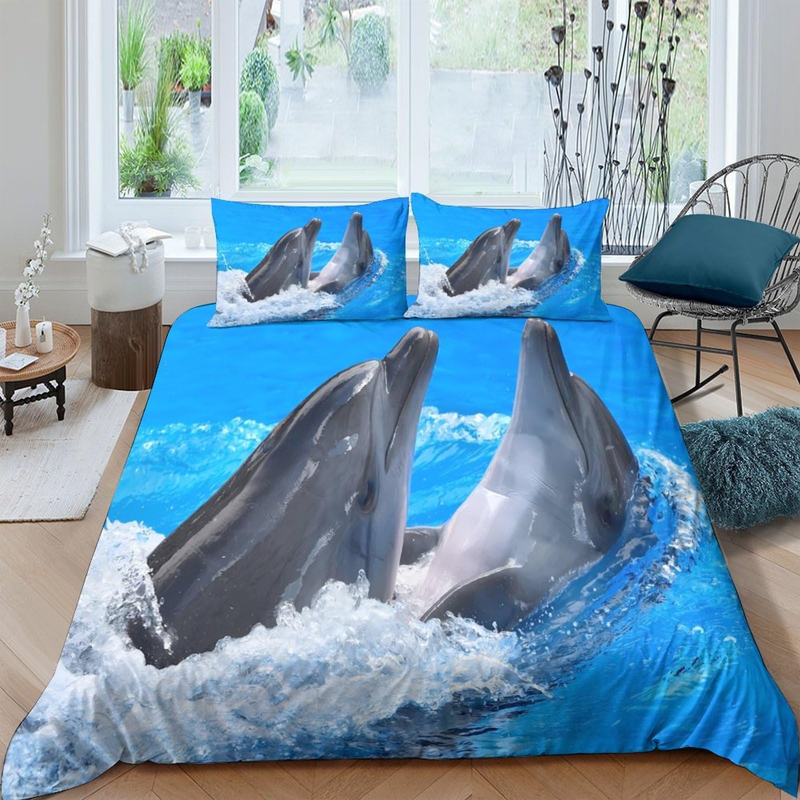 Ctjqhvkz Style-4 3D Printed Dolphin Ocean Blue Fitted Sheet Microfiber Soft Breathable Sea Wave Bed Cover For Bedroom Home Decor Single（135X200cm）