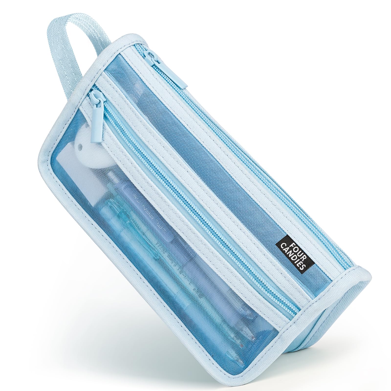 Four Candies Grid Mesh Pencil Case With Handle And Zipper, Clear Double Layer Pencil Pouch Marker Pouch Travel Makeup Bag Cute Transparent Stationary Organizer Pen Bag For Adult Office Collegegreen