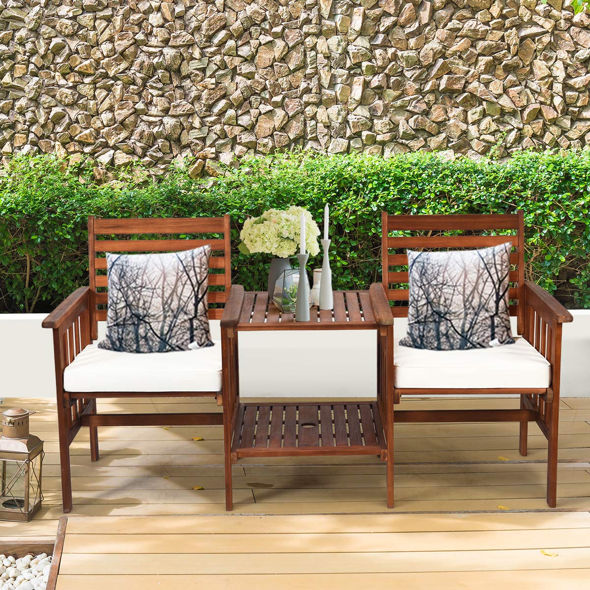 COSTWAY Gartenbank mit Tisch, 2-Sitzer Holzbank mit Sitzkissen & Schirmloch, Sitzbank aus Akazienholz bis 350 kg belastbar, Terrassenbank für Balkon, Garten, Terrasse, 165 x 65 x 88 cm