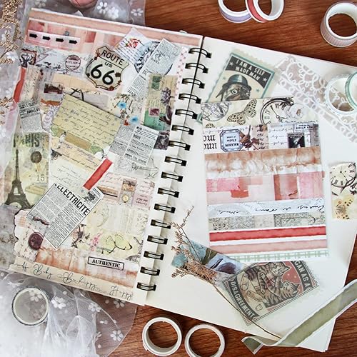 Miniatura 4 de NIKOMIE Juego de 20 rollos de cinta washi vintage y 30 calcomanías antiguas para pósteres de periódico, cinta adhesiva estética para suministros de