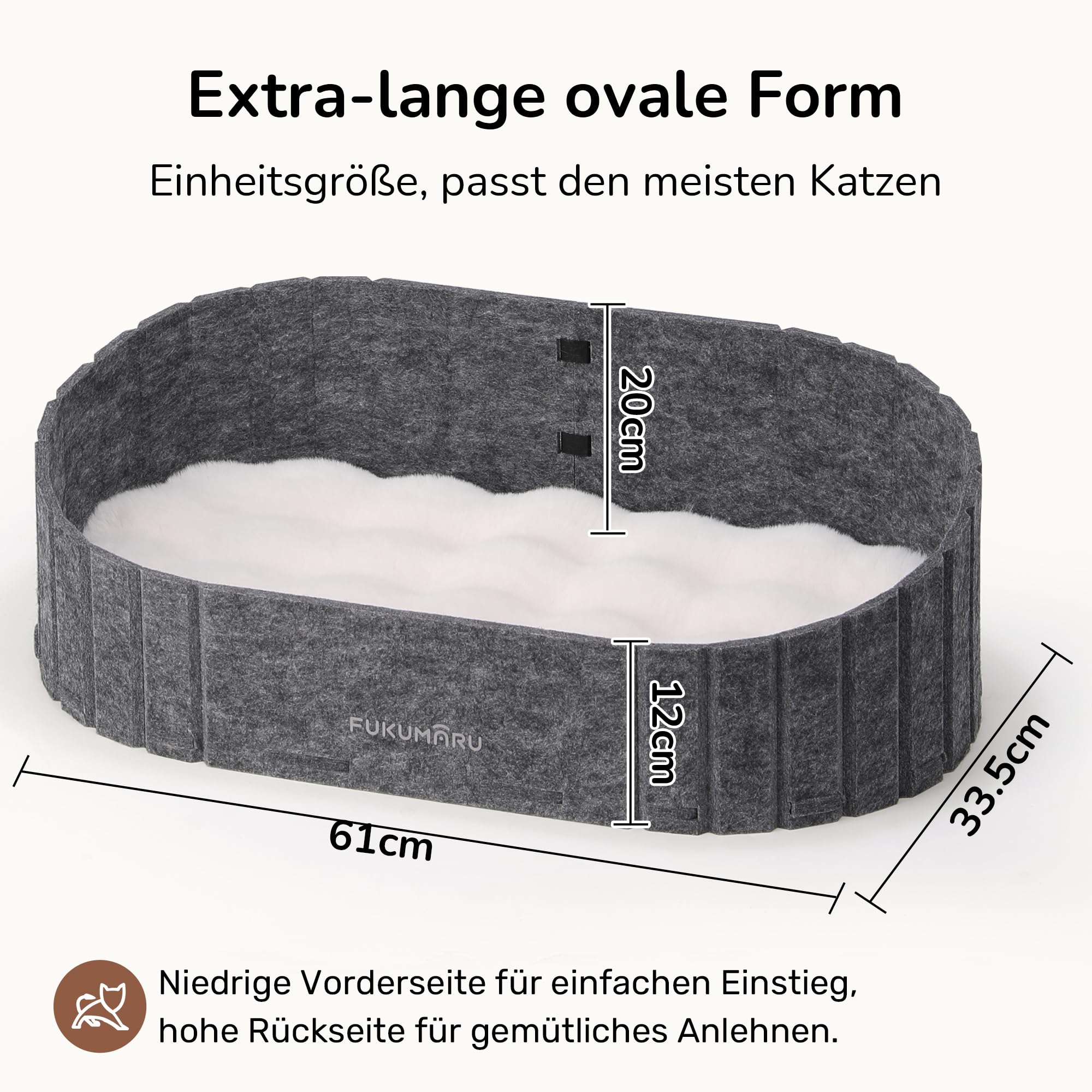 FUKUMARU Katzenbett, 61 cm großes Katzen-Couchbett mit gemütlichem Kunstkaninchenfell-Kissen, Filz-Katzenhaus-Sofa in ovaler Form, grau