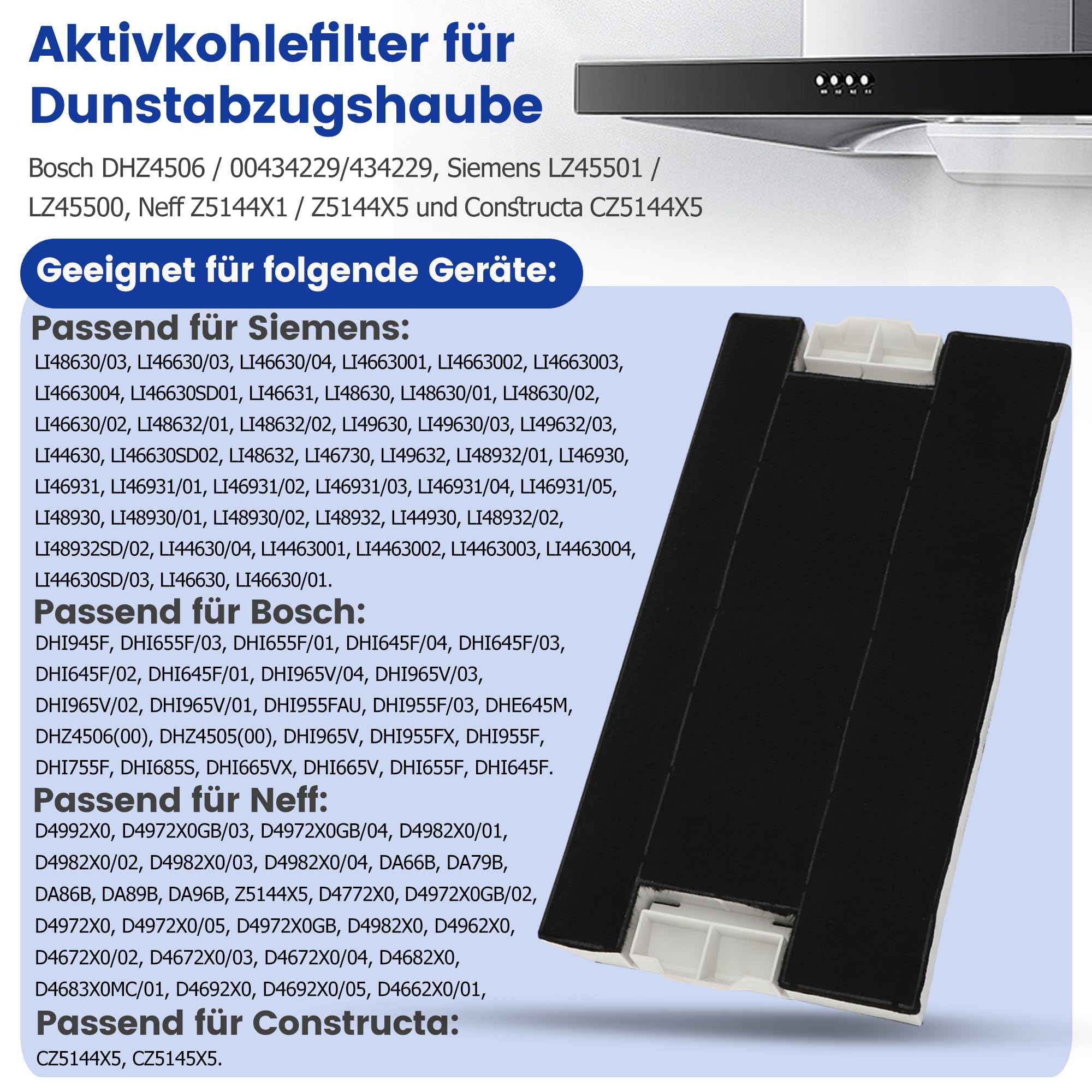 2 filtry z węglem aktywnym okapy kuchenne do Bosch DHZ4506 / 00434229/434229 Siemens LZ45501 / LZ45500 Neff Z5144X1 / Z5144X5 i Constructa CZ5144X5