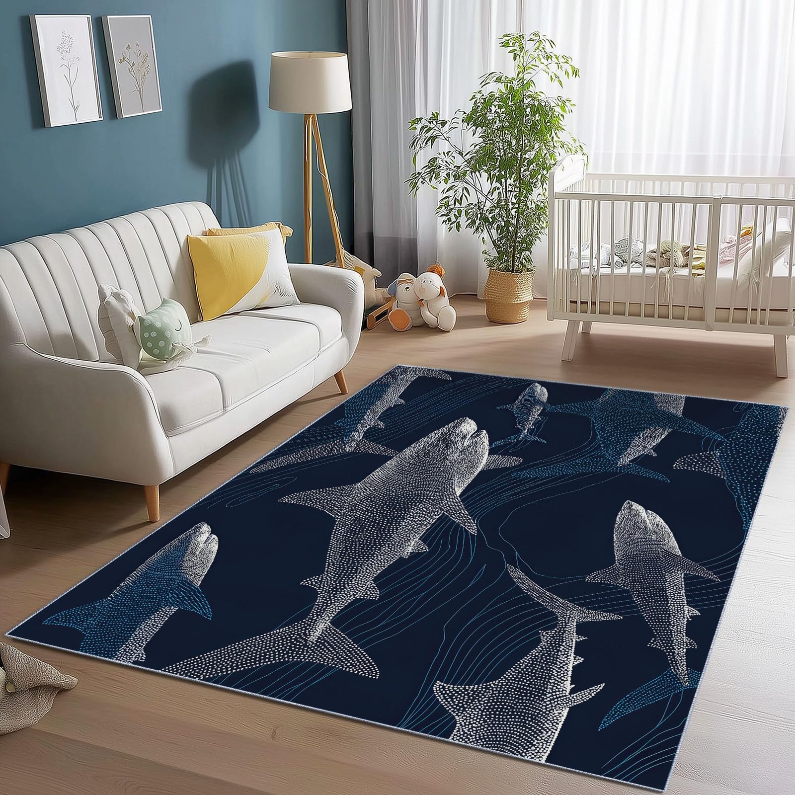 Generisch Dunkelblau Teppich Wohnzimmer 160 x 230 cm, Waschbare Teppiche Minimalismus Digitale Kunst Fische Design Teppich mit Rutschfester Rückseite für Eingang, Flur und Korridor, Büro