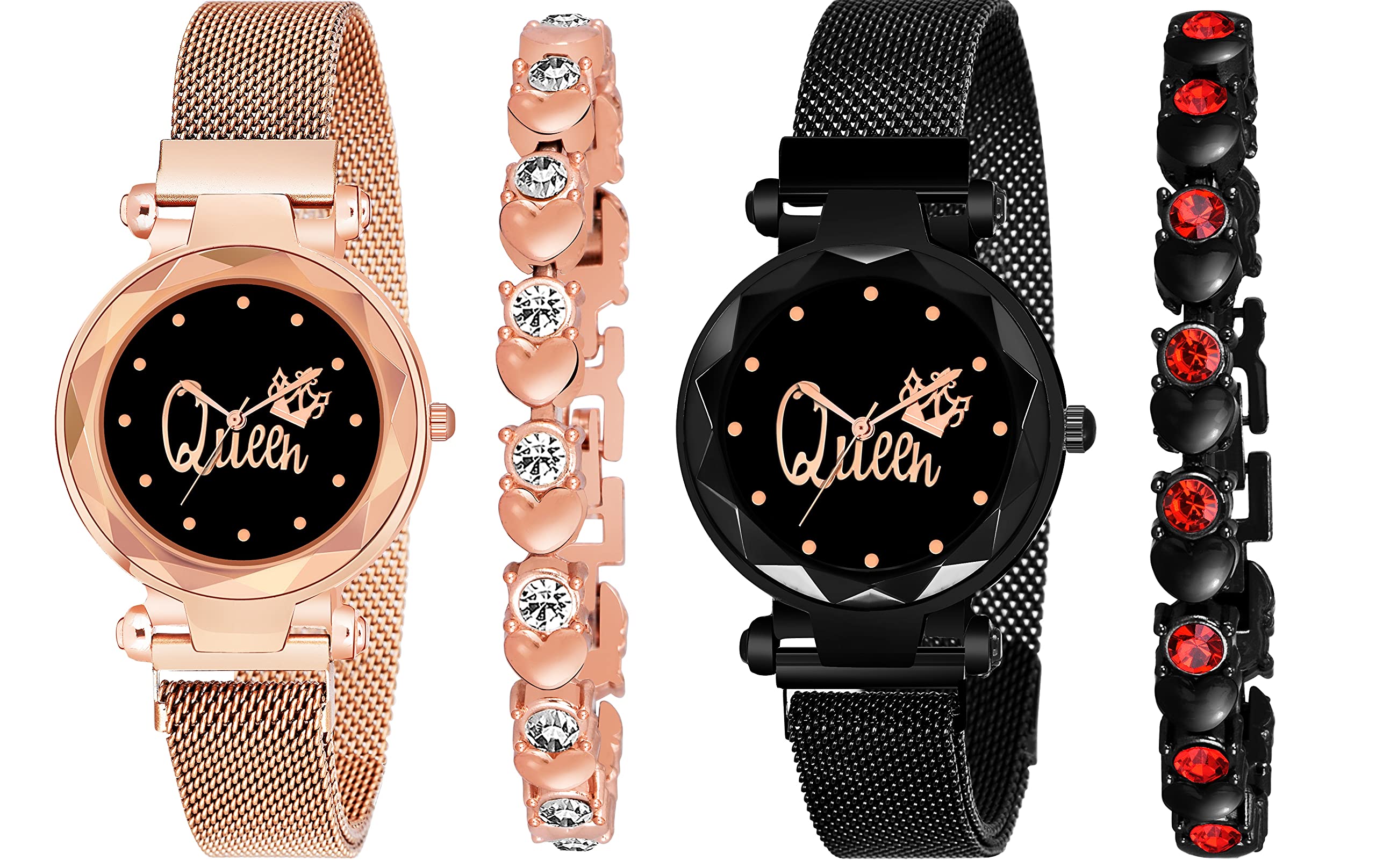 CERO Queen Dial Magnetic Strap Analog Combo Watch and Bracelet Womens and Girls Watches(Pack of 4) (Black-Gold) (B09HSD7XJ6) Amazon Price History, Amazon Price Tracker