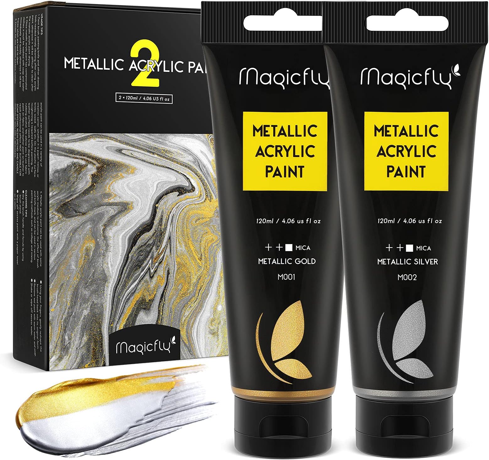 Magicfly Metallic Acrylic Paint Set, Highly Pigmented and Non-Toxic Metallic Colours with Smooth Consistency for Painting, Colouring and Drawing, Gold and Silver 2 * 120ml