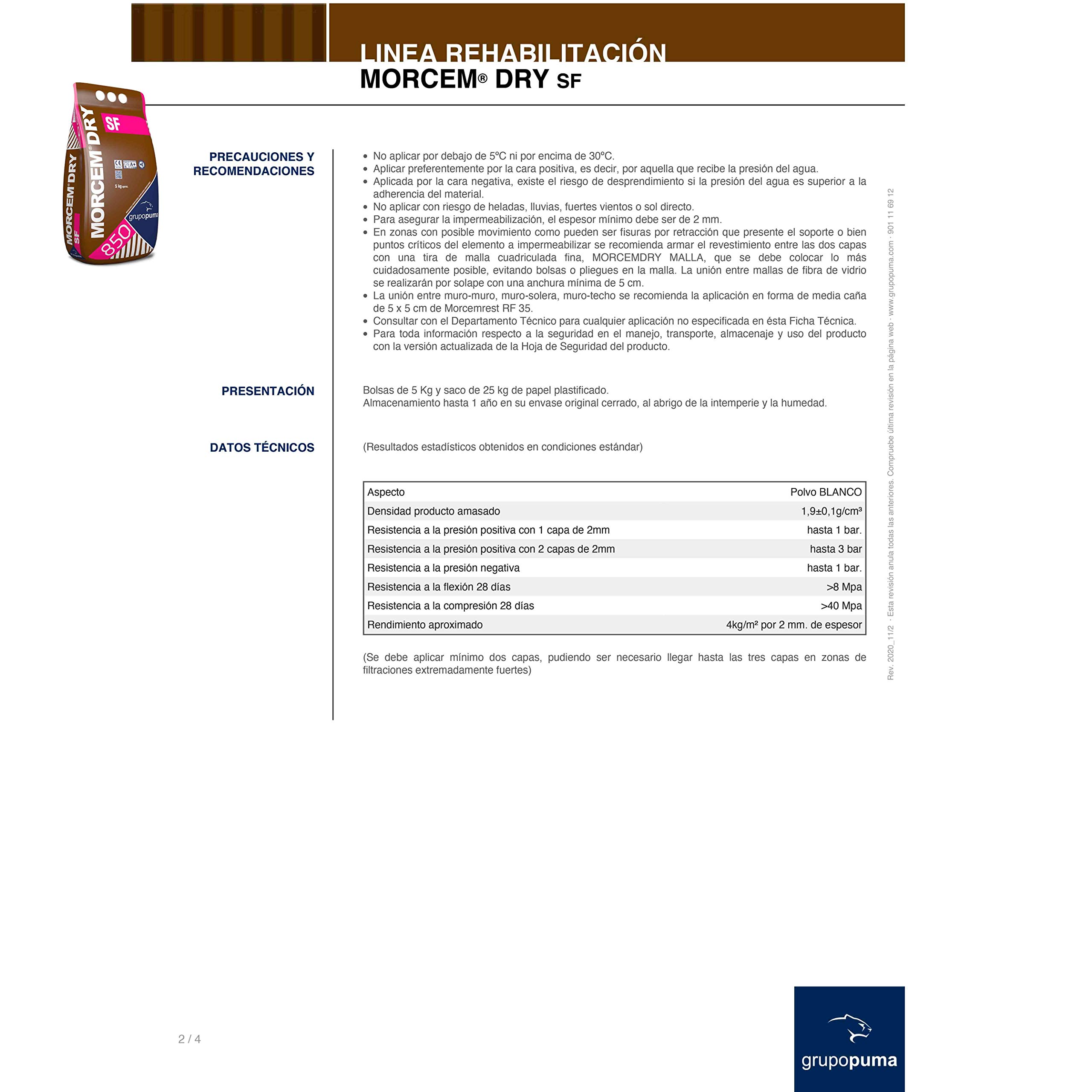 Morcem Dry SF: Mortero impermeable monocomponente para impermeabilización en:duchas, fuentes... Saco 5 kg. Grupo puma