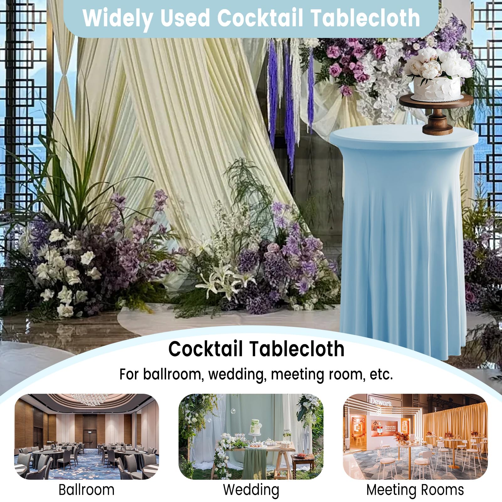Lot de 2 nappes de table à cocktail rondes avec jupe - 81 x 100 cm - En élasthanne extensible - Nappe ronde pour fête, mariage, anniversaire, banquet - Bleu clair
