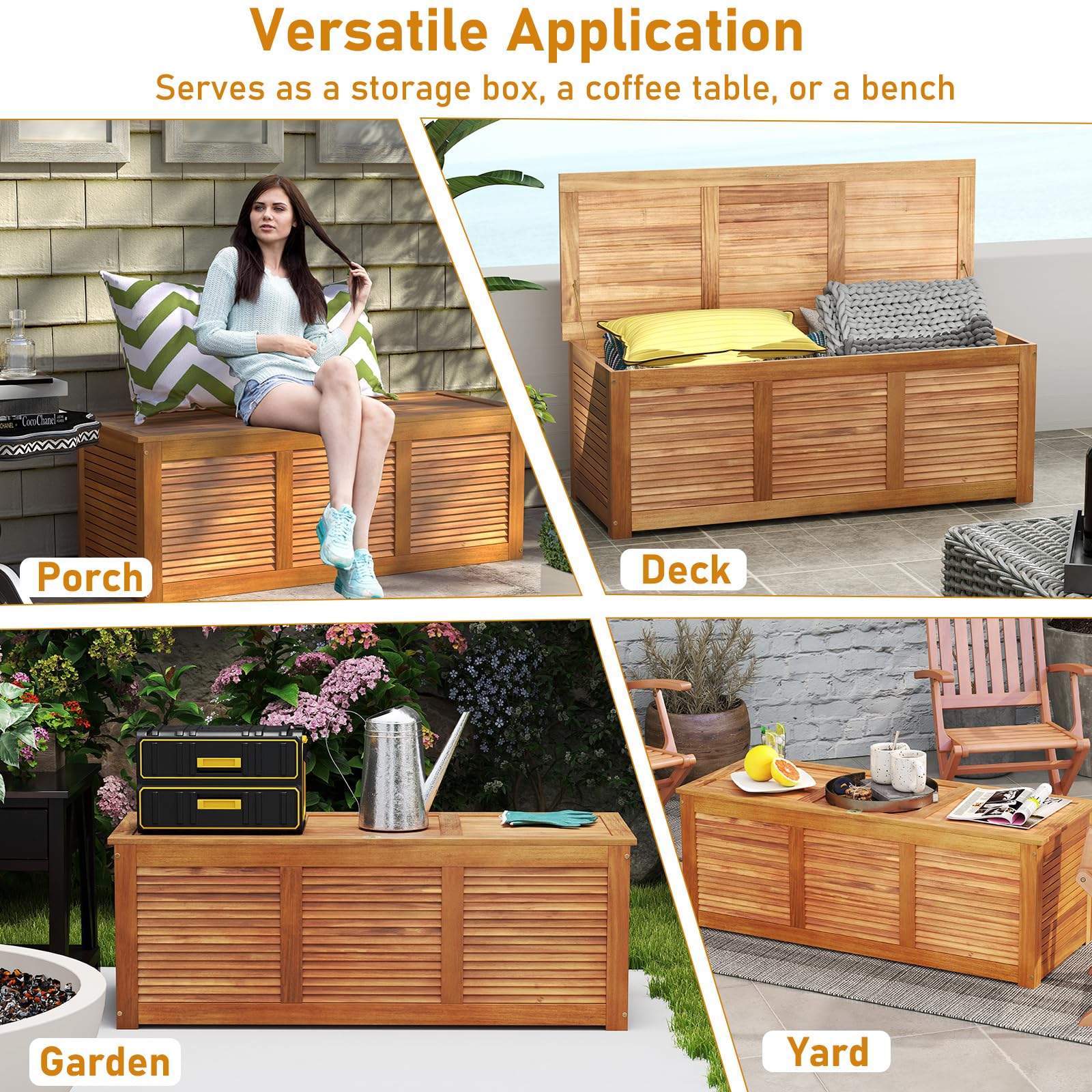RELAX4LIFE Gartenbox, 178L Auflagenbox mit Sitzbank & Deckel, Aufbewahrungsbox mit Stauraum, Kissenbox outdoor aus Akazienholz, Gartentruhe Auflagentruhe Holztruhe für Garten, Balkon, Terrasse, Natur