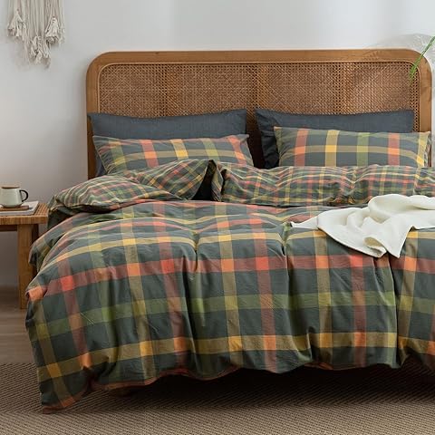 VM VOUGEMARKET Plaid Duvet Cover Set Queen Washed Cotton Reversible Bedding Multicolor Buffalo Grid Duvet Cover with 2 Pillowcases for Men Women(Orange/Grey/Green,Queen)