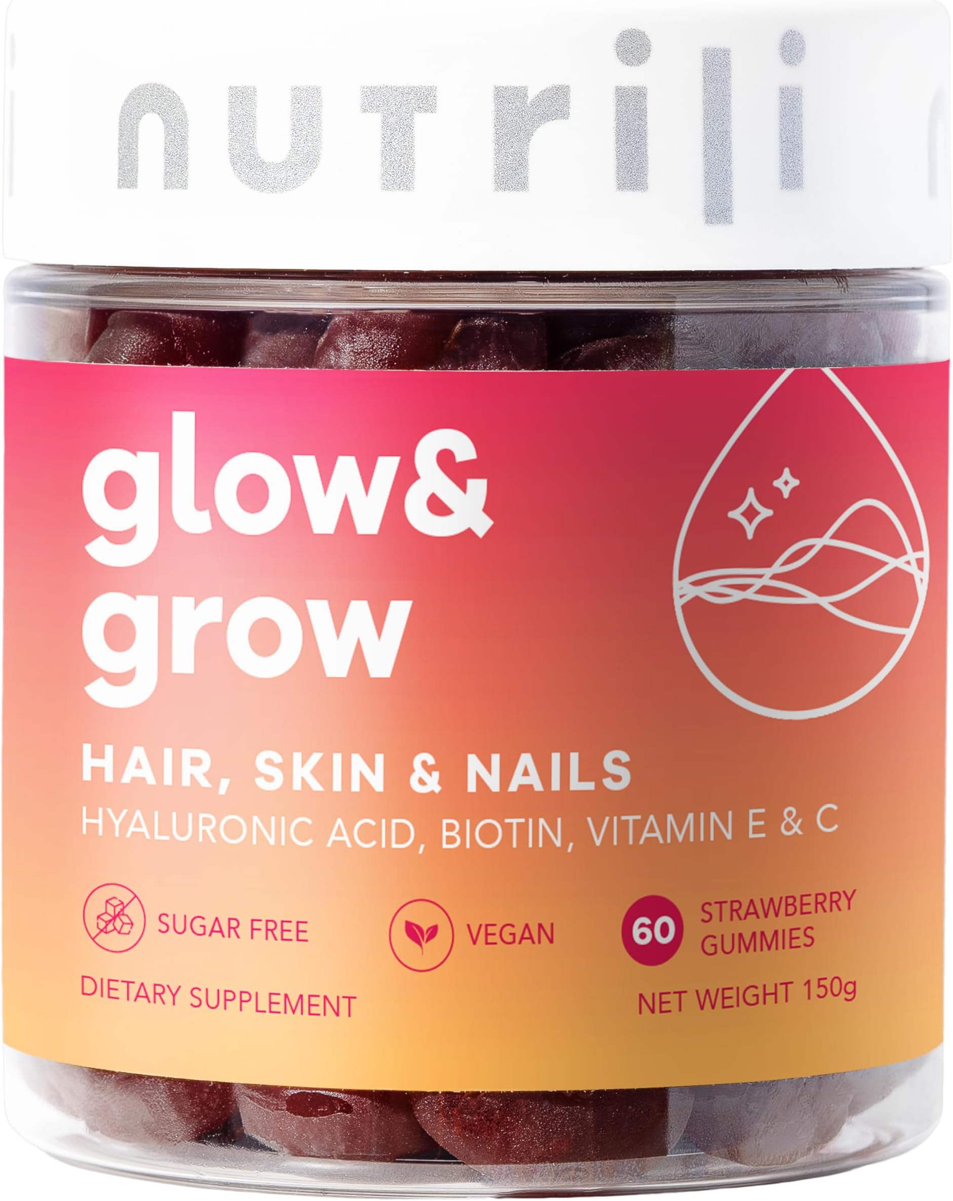 Nutrili Glow & Grow Sugar Free Vitamin Gummies (1 month) | Hair, Skin & Nails | With Hyaluronic acid, Biotin, Vitamin E & C