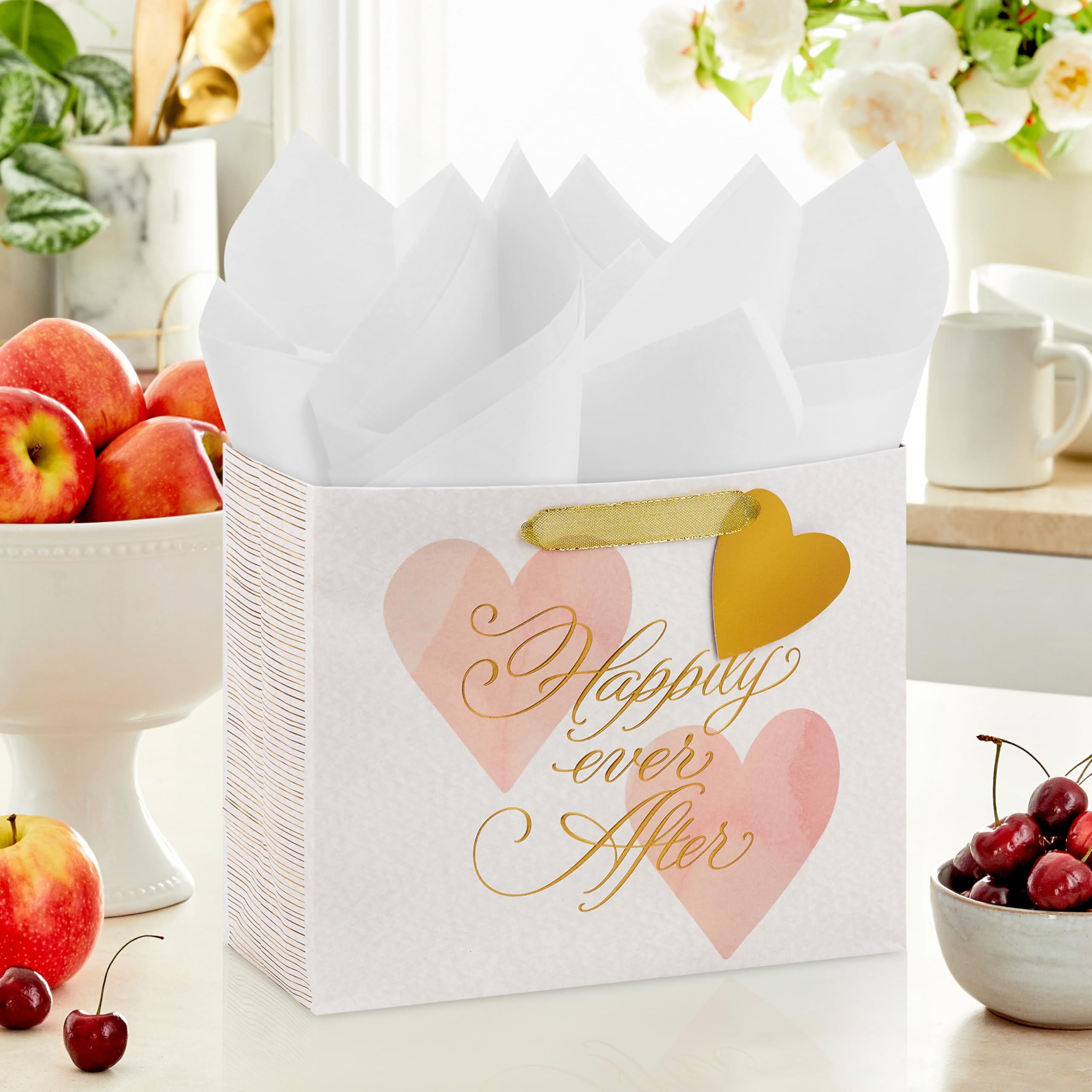 Hallmark 7" Medium Horizontal Gift Bag with Tissue Paper (Happy Ever After) for Weddings, Engagements, Bridal Showers