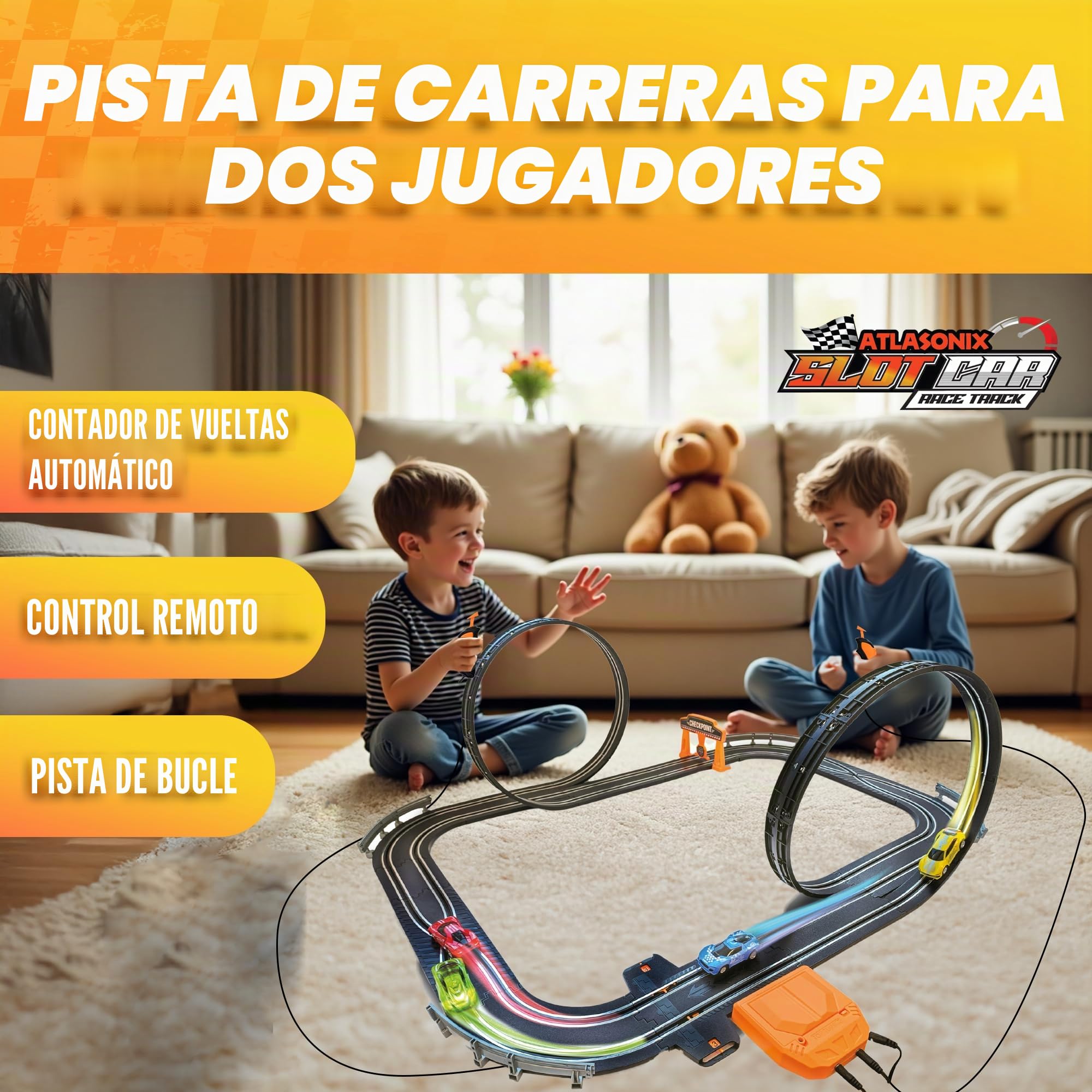 Atlasonix Juegos de pistas de carreras de coches de ranura, pista de carreras y accesorios, pista de vehículos de carreras eléctrica, pista de carreras eléctrica dual para niñas y niños a partir de 5