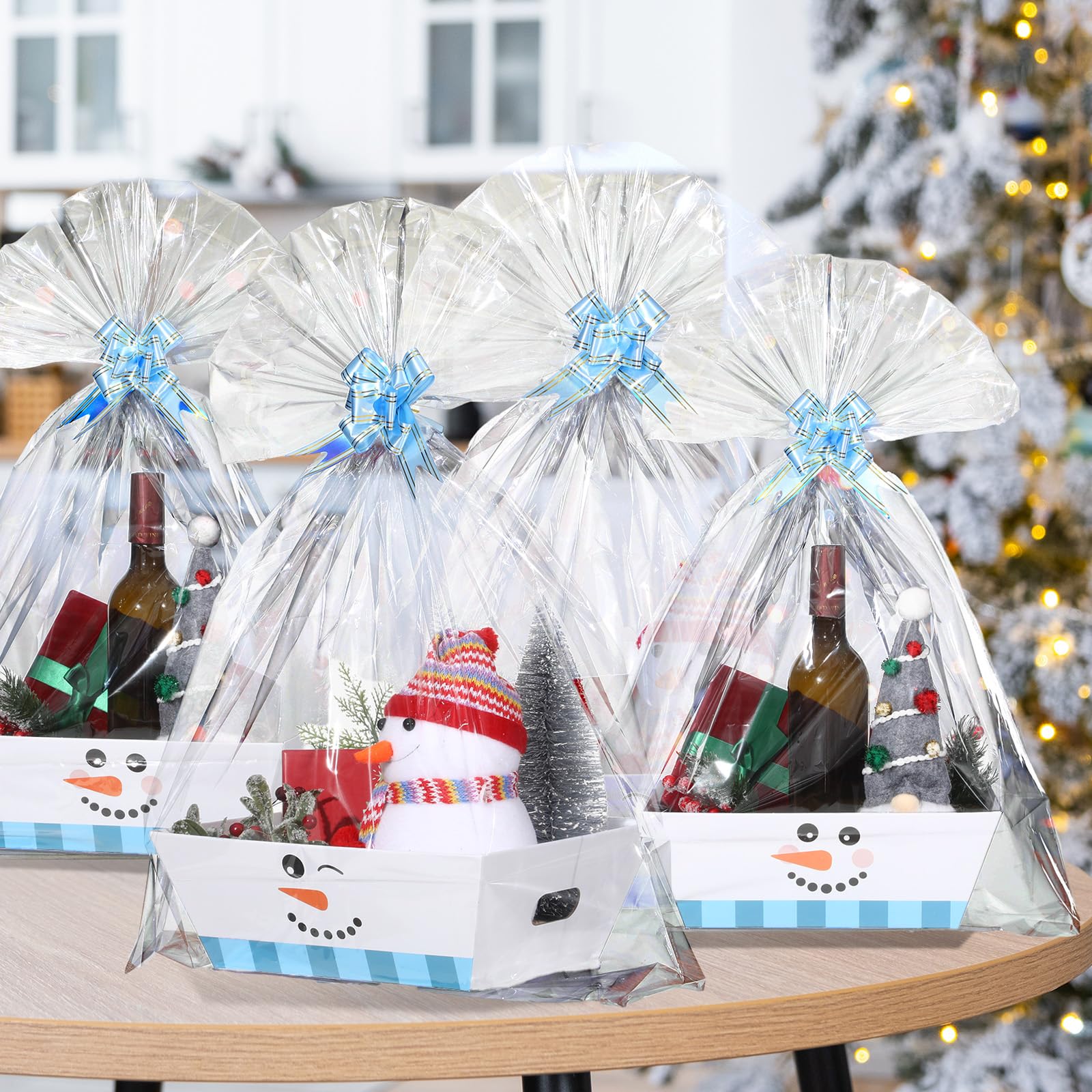 Cholemy Confezione da 12 cesti regalo vuoti natalizi da 30,5 x 25,4 x 10 cm, include 12 cestini di cartone con faccia di pupazzo di neve, 12 sacchetti di plastica e 12 fiocchi, grandi cesti regalo di