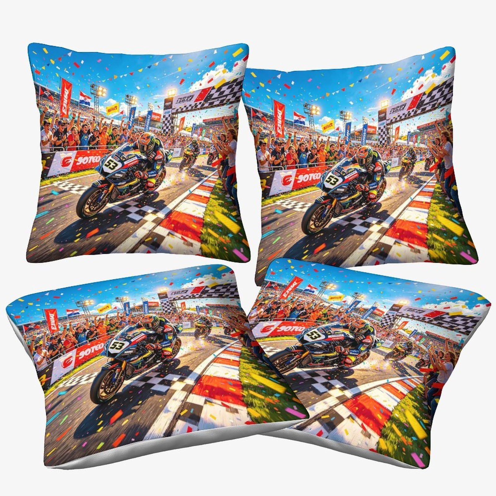 Dafufbw Championship Moment Cushion Cover Decorations Gift, 40X40cm, 4Pcs Pillow Cover Motorcycle Race Ornaments Throw Pillow Case Decor Home Livingroom Couch Sofa