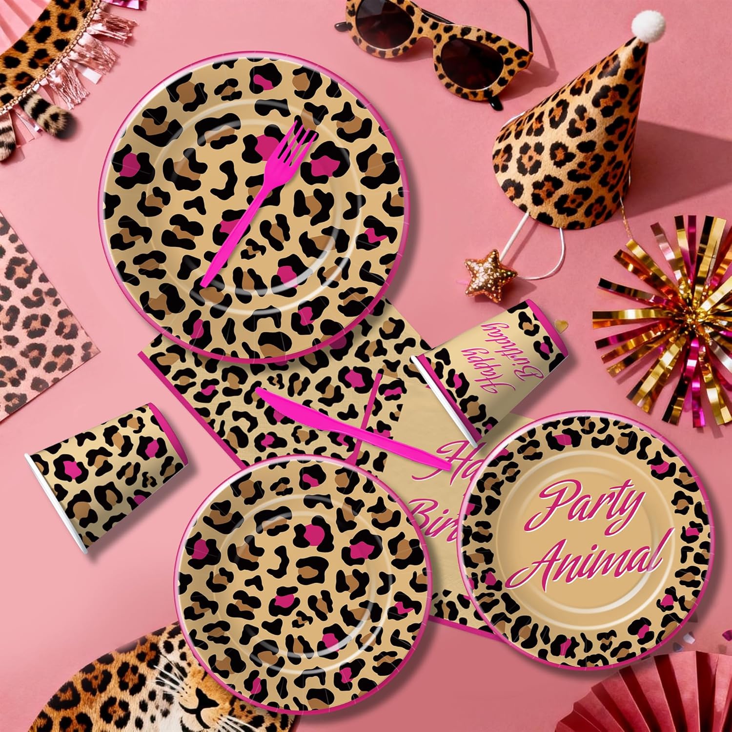Leopard Print Birthday Party Decorations, Pink and Gold Cheetah Theme Party Supplies, Paper Plate, Cup, Napkin, Tablecloth, Background, Banner, Balloon, Cake Topper, Cutlery, Serve 24