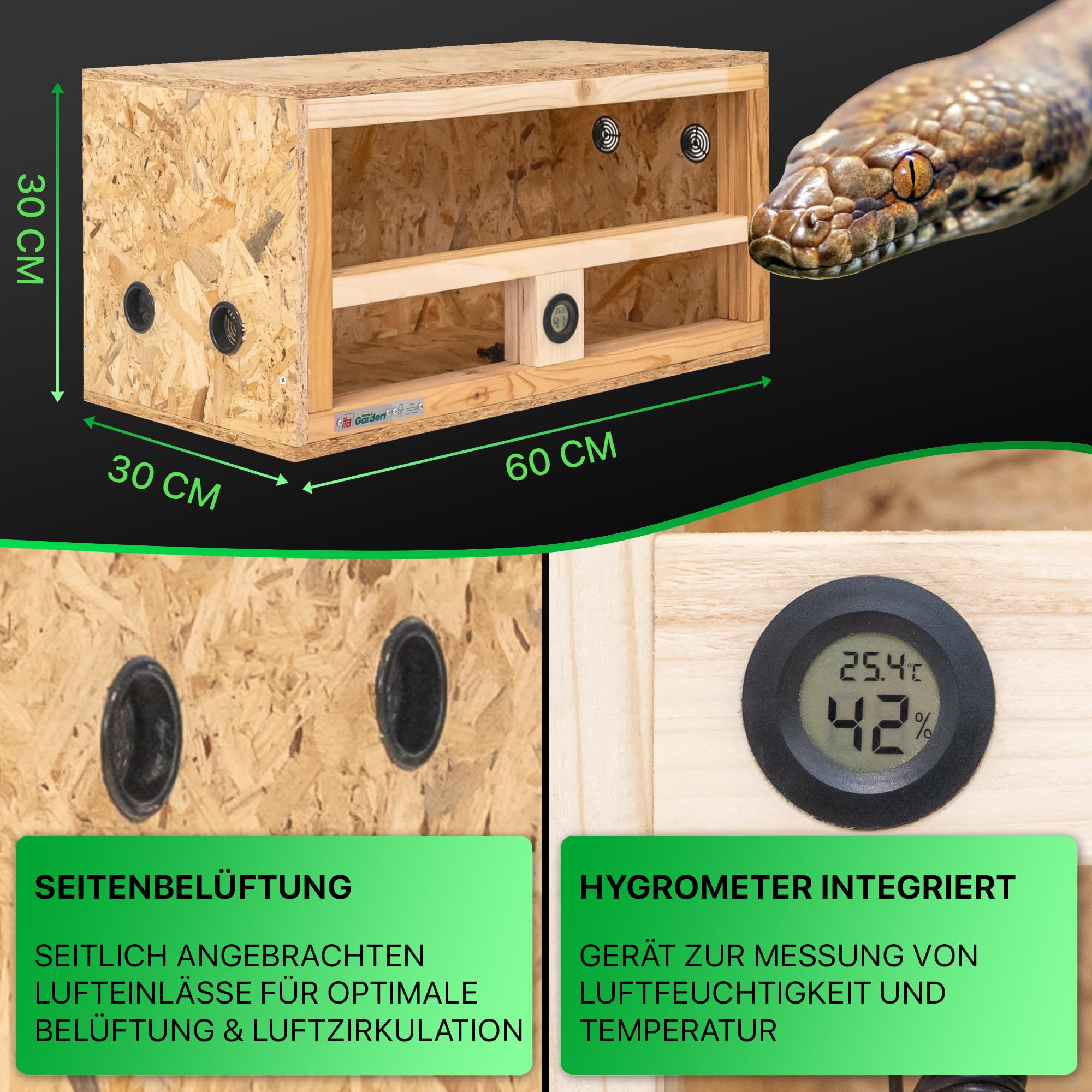 ITA Mini Terrarium 60x30x30 cm mit Seitenbelüftung & Integriertem Hygrometer - Holzterrarium aus OSB-3 Platten - Terrarien für Reptilien, Schlangen, Amphibien - EU Produkt, FSC Zertifiziert