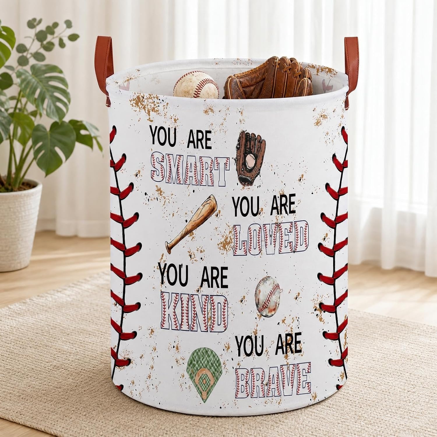 Baseball Laundry Basket for Boys Room Decor, Round Waterproof Toy Storage Bin,Vintage Sports Hamper for Laundry, Bathroom, Dorm, Teen Bedroom Plush Goods Sundries