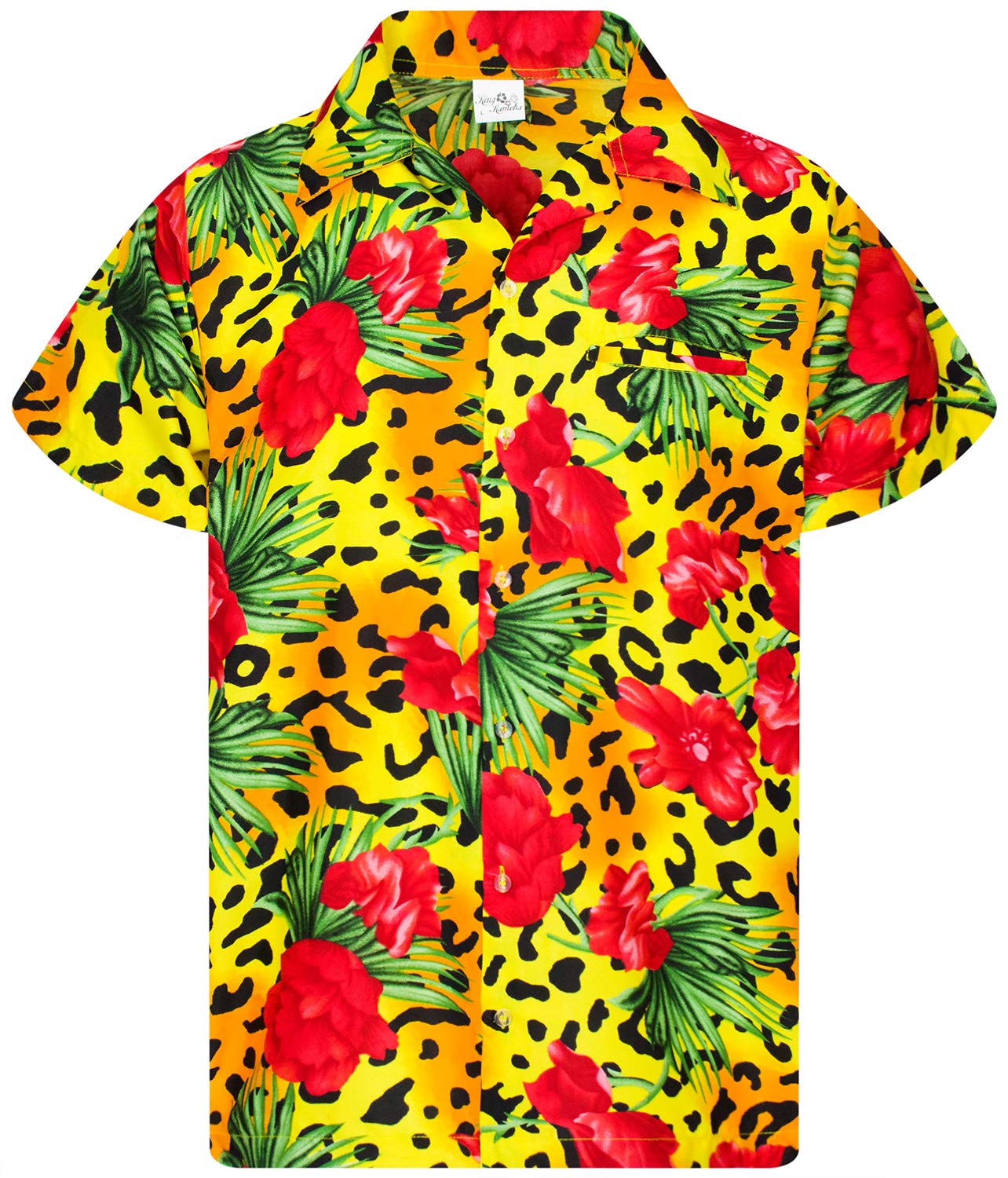 King Kameha Funky Hawaiian Shirt for Men – Tropical Men’s Hawaiian Shirt Short Sleeve, Leopard-Flowers, Yellow, XS