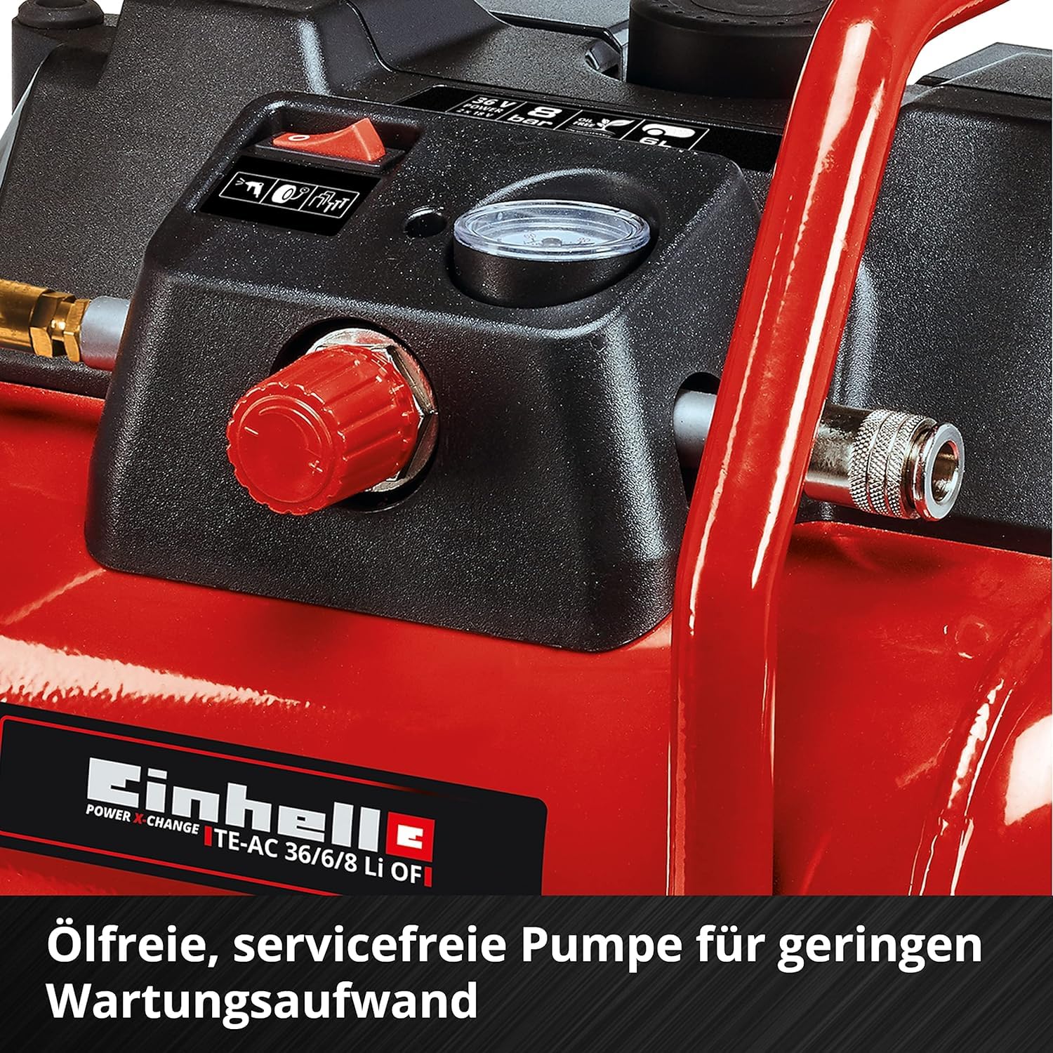 Einhell Akku-Kompressor TE-AC 36/6/8 Li OF Set Power X-Change (36 V, max. 8 bar, 6 l-Tank, 130 l/min Ansaugleistung, Motordrehzahl 16000 min^-1, ölfrei, ohne Akku)