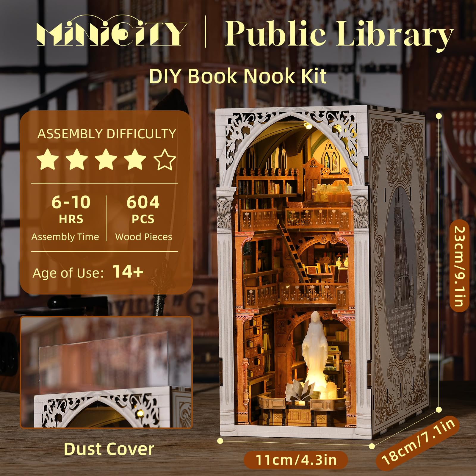 MiniCity Book Nook Kit, kit fai da te in miniatura per casa delle bambole in legno 3D, supporto per libri e libri, decorazione con luce LED per ragazzi e adulti (libreria pubblica)