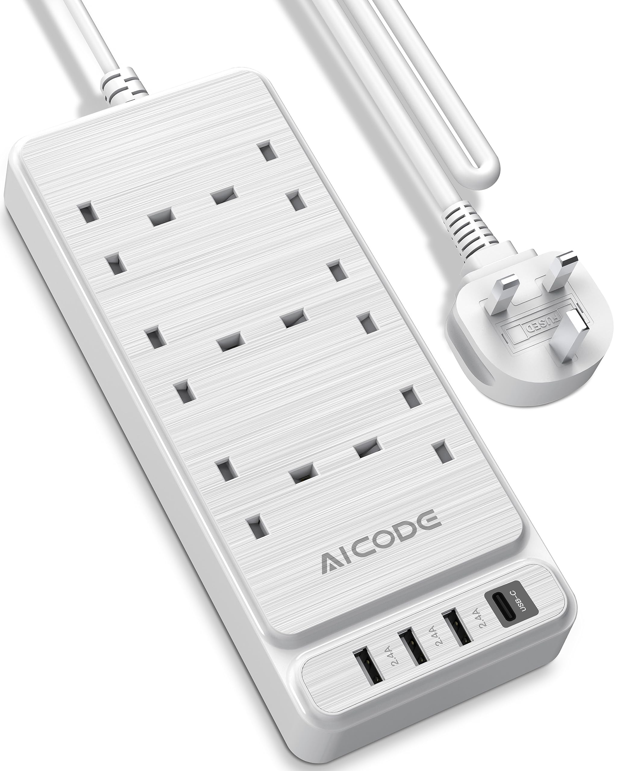 AICODE 6 Way Extension Lead with USB Slots,6 Plug Power Strip with 1 USB-C and 3 USB-A Ports,2M Extension Cable with Switch,Multi Plug Extension Socket,Wall Mount for Home,Office White