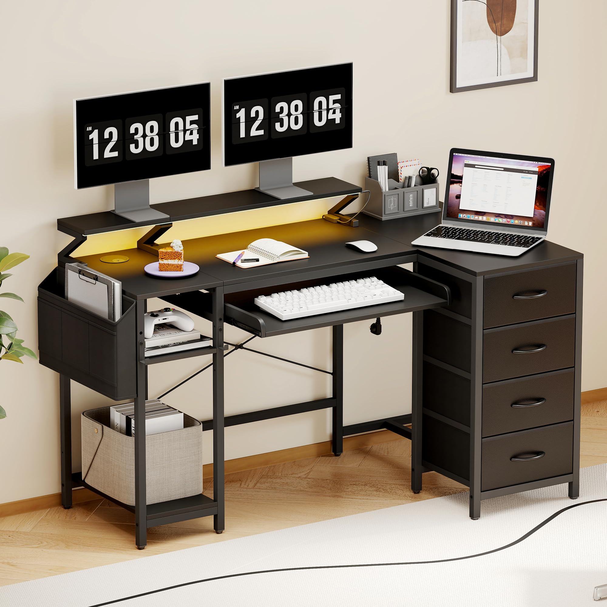 L-Förmiger Schreibtisch 140cm mit Tastaturauszug Gamingtisch mit USB-Ladeanschluss & Steckdose Computertisch mit RGB Beleuchtung & Schubladen für Arbeit, Studium, Freizei, Schwarz