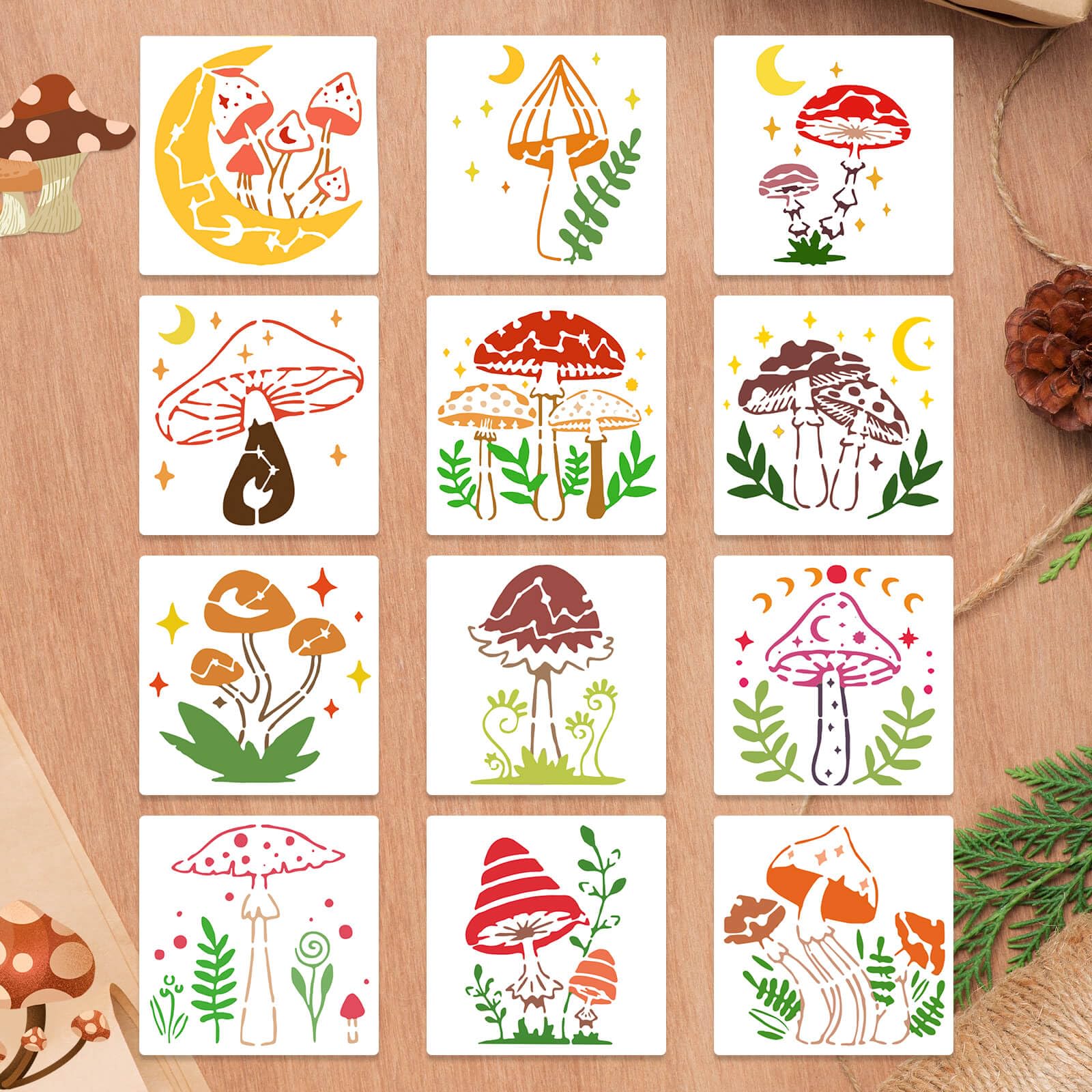 Dayker 12PCS Pilz Schablonen, wiederverwendbare Plastikschablone, Pilze Mond Pflanzen Zeichnung Vorlage, DIY Kunst Dekor für Malerei auf Leinwand