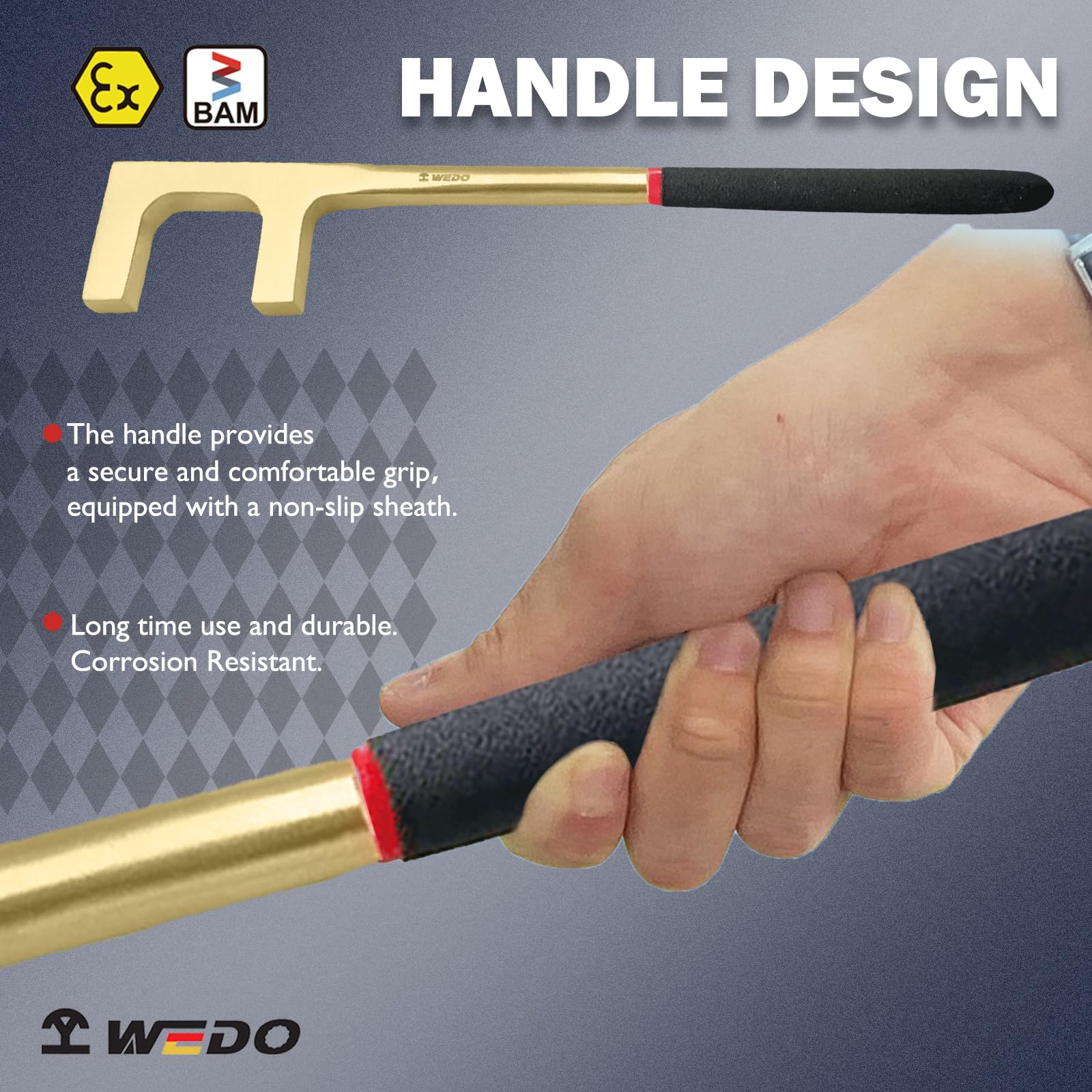 WEDO Llave de mango de válvula sin chispas tipo F con mango de plástico, llave de seguridad sin chispas, bronce de aluminio, estándar DIN, certificado BAM y FM, 1.18 pulgadas, 30 mm de ancho