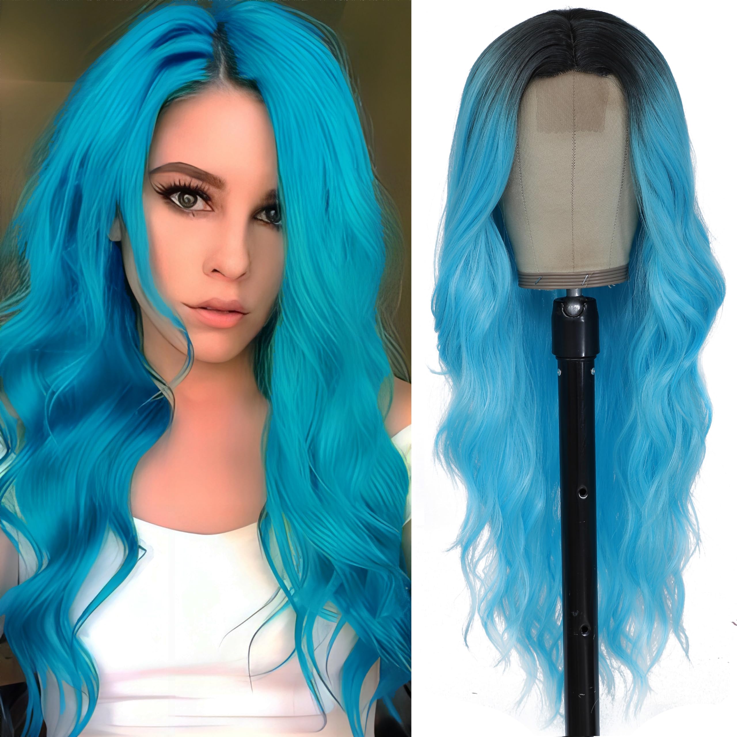 Long Blue Wig for Women 26Inch Wavy Curly Ombre Blue Hair Wigs Synthetic  Hair Replacement Wig Heat Resistant Hair Wig for Daily Party Use(26'' blue)
