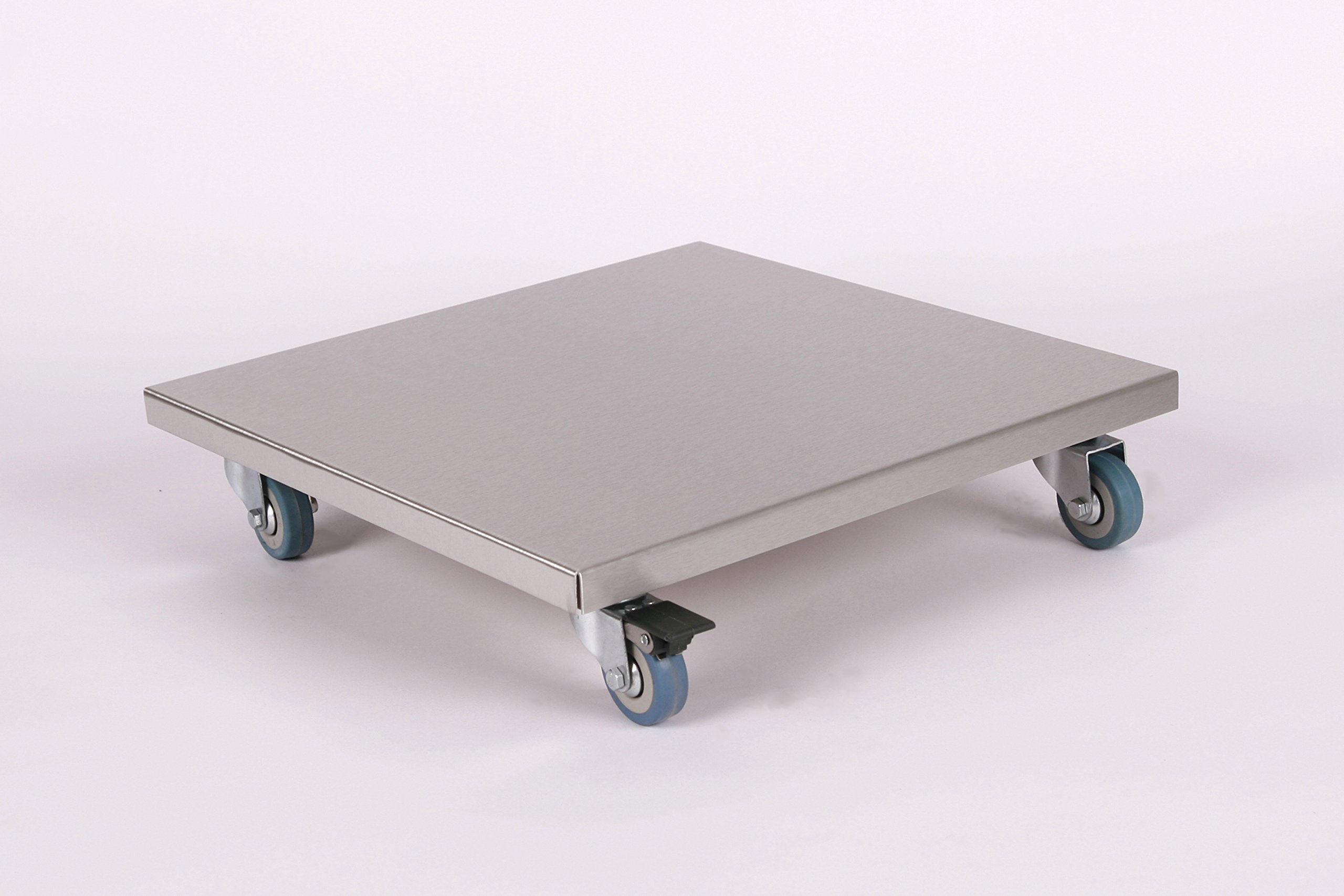 Möbelroller/Pflanzenroller (Profi) 40x40 cm, Edelstahl, 150kg, PU-Rolle + Bremse, Marke: Szagato, Made in Germany (Design-Pflanzenroller Transportroller Rollbrett)