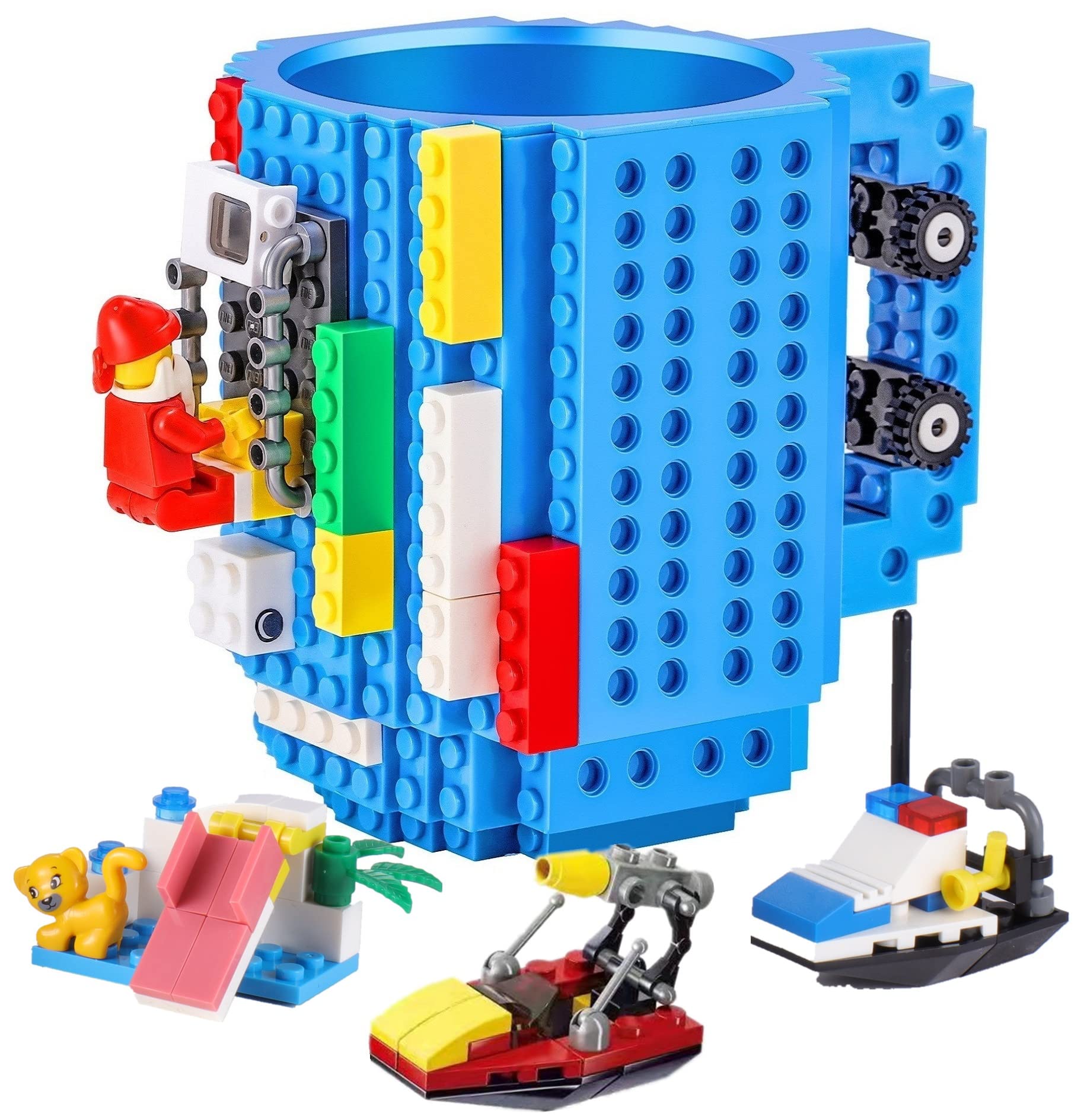 DEEXITOBuild-on Brick Coffee Mugs,Creative DIY Cup with Building Blocks Randomly,Novelty Gifts for Kids Adults Birthday Xmas,Blue