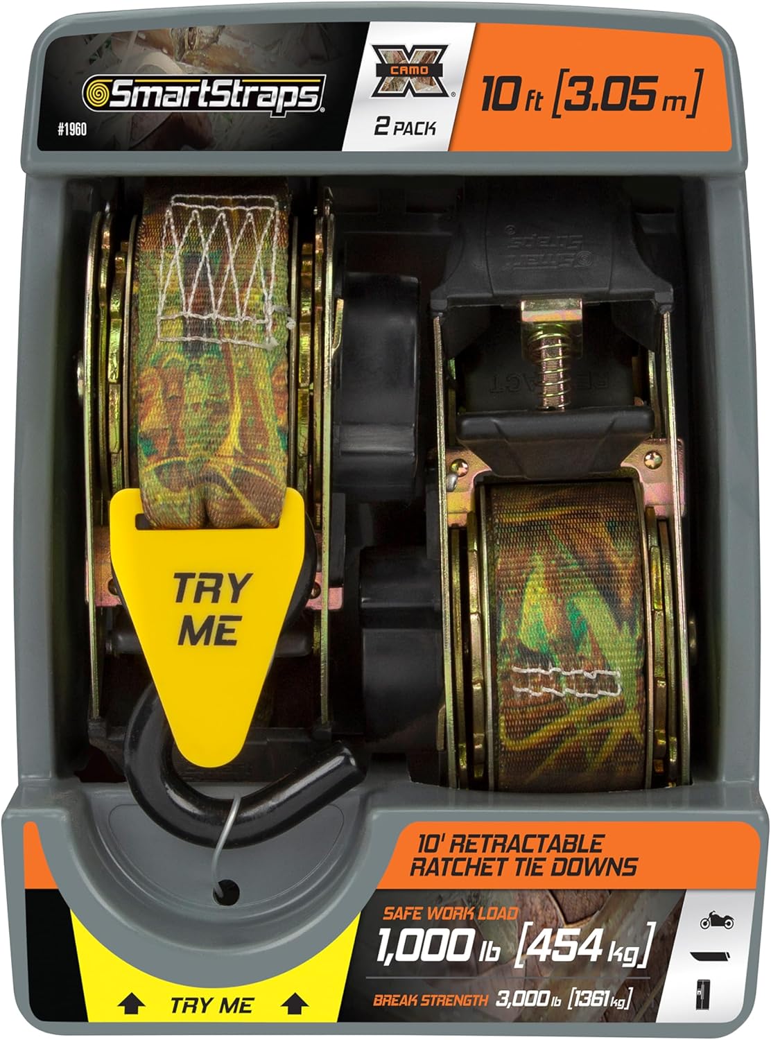 SmartStraps 10’ Retractable Ratchet Straps, 2 Pack — Heavy Duty Camo Ratchet Straps, 3,000lb Break Strength, 1,000lb Safe Work Load — Haul Motorcycles, Boats, and Appliances with Patented Technology - Image 9