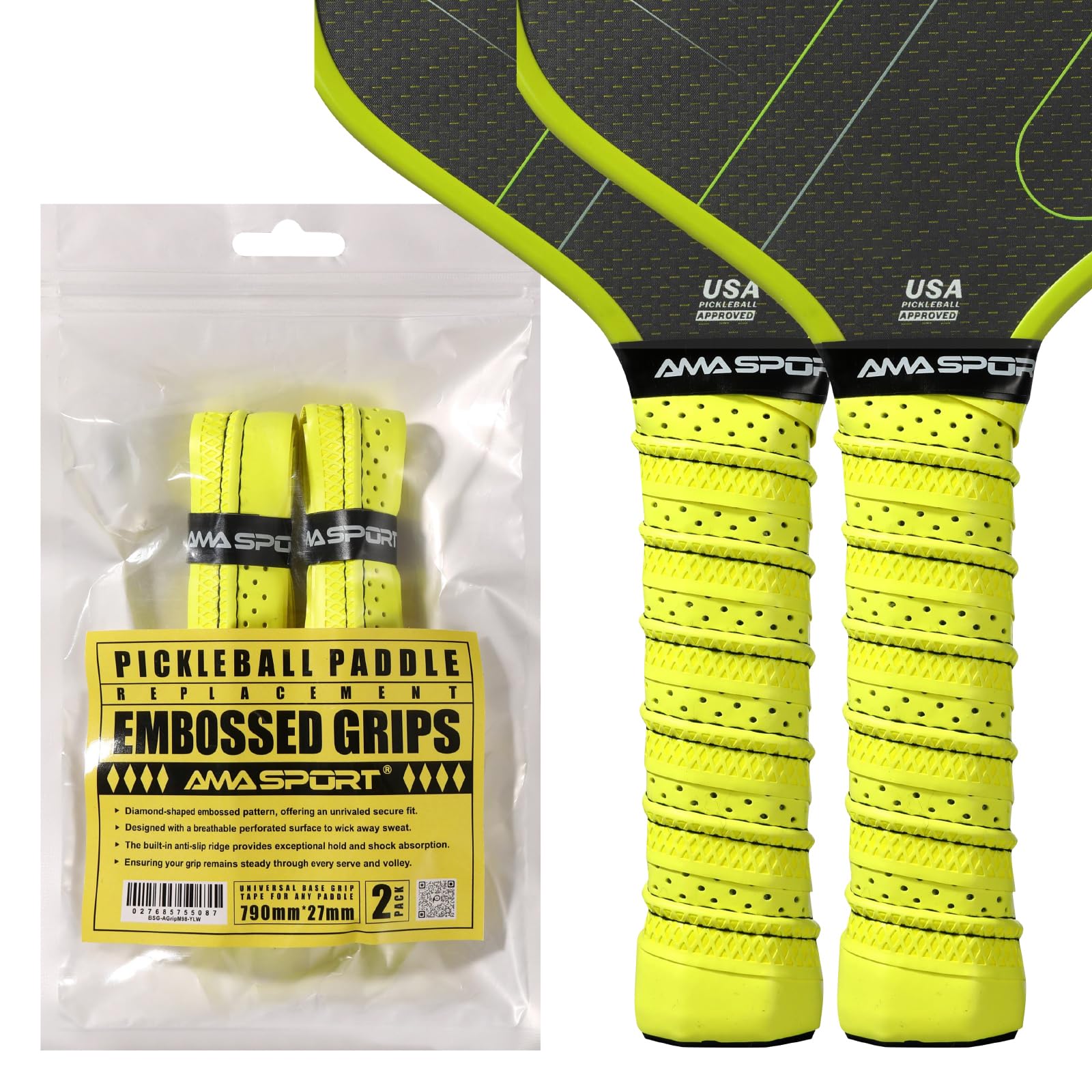 PICKLETECH AMA Sport Pickleball Paddle Grip Tape - 2 Pack - Perforated Embossed Replacement Grip Wrap for Pickleball Racket-Moisture Wicking Tacky