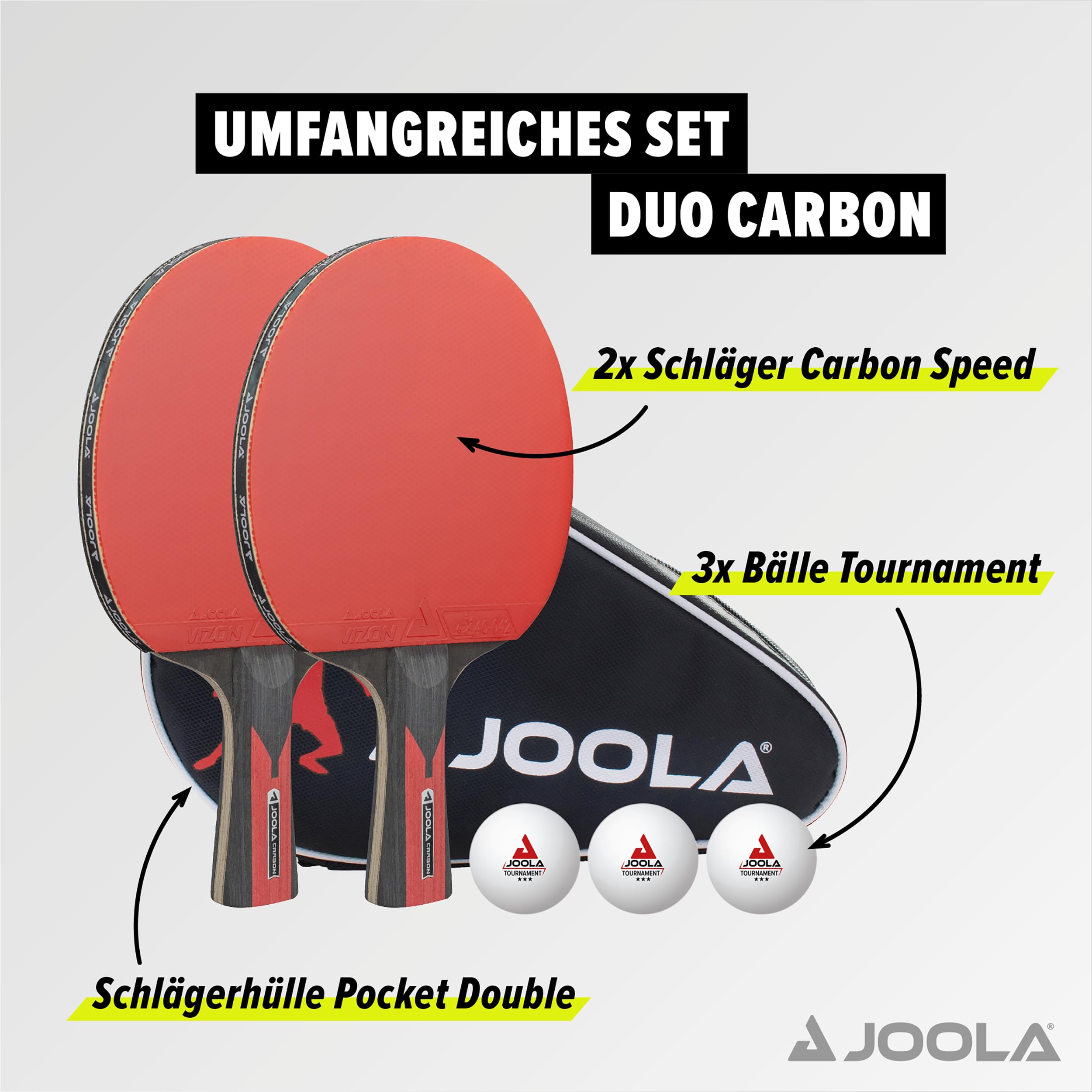 JOOLA Tischtennis Set Duo Carbon 2 Tischtennisschläger + 3 Tischtennisbälle + Tischtennishülle, rot/schwarz, 6-teilig