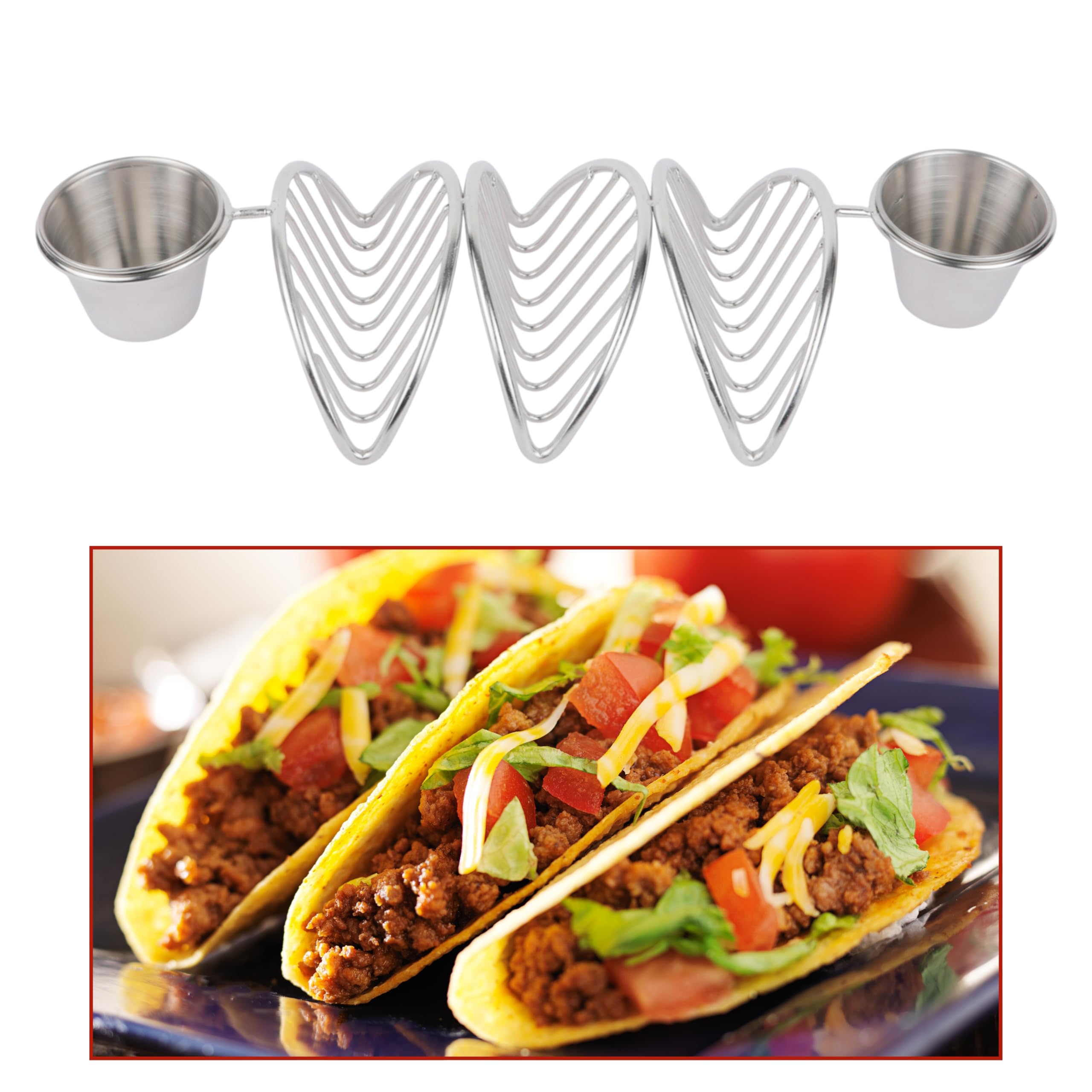 Dolin Decor Premium Stainless Steel (Ss) Taco Holder Stand with Two Dip Bowl – Stylish and Durable Taco Shell Serving Rack for Parties (Silver) (Silver, Set of 4)