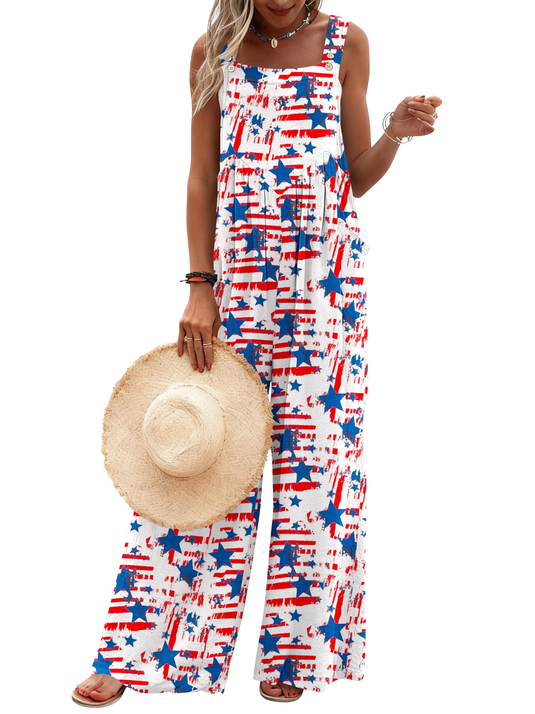Ekouaer Women's Casual Overalls Loose Wide Leg Jumpsuits Summer Boho Floral Printed Baggy Rompers with Pockets