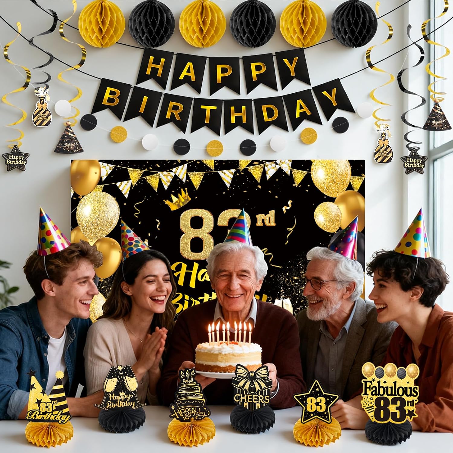 Happy 83rd Birthday Party Decoration: Including Birthday Banner Backdrop, Party Table Centerpieces and Hanging Swirl Party Streamers, Birthday Decor for Men and Women (Gold/Black, 83rd Birthday) image 4