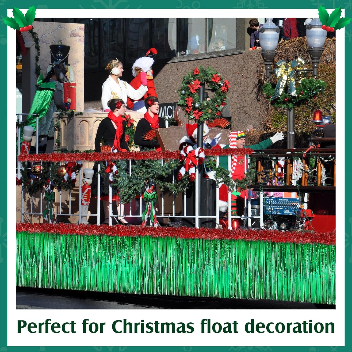 Crowye 20 Pcs Christmas Parade Float Decoration Kit Include 8pcs 9ft Foil Fringe Table Skirt, 12pcs 6.6ft Metallic Tinsel Garland for Trailer Car Float Supplies Decor(Green Table Skirt, Red Garland)