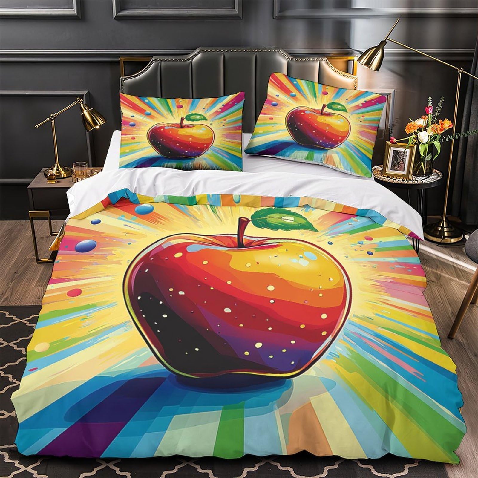 Housse de couette pomme vibrante 3D pop colorée en microfibre légère avec 2 taies d'oreiller