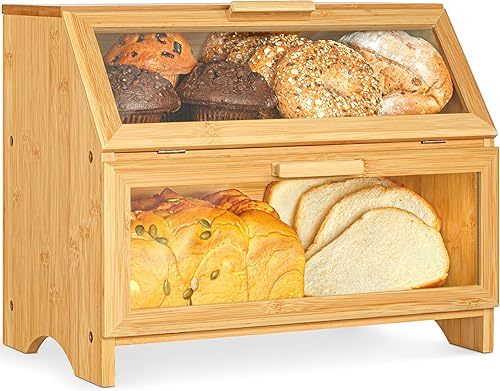 Golden Nature Panera de bambú de doble capa para encimera de cocina, caja de almacenamiento grande de madera con ventanas de visualización