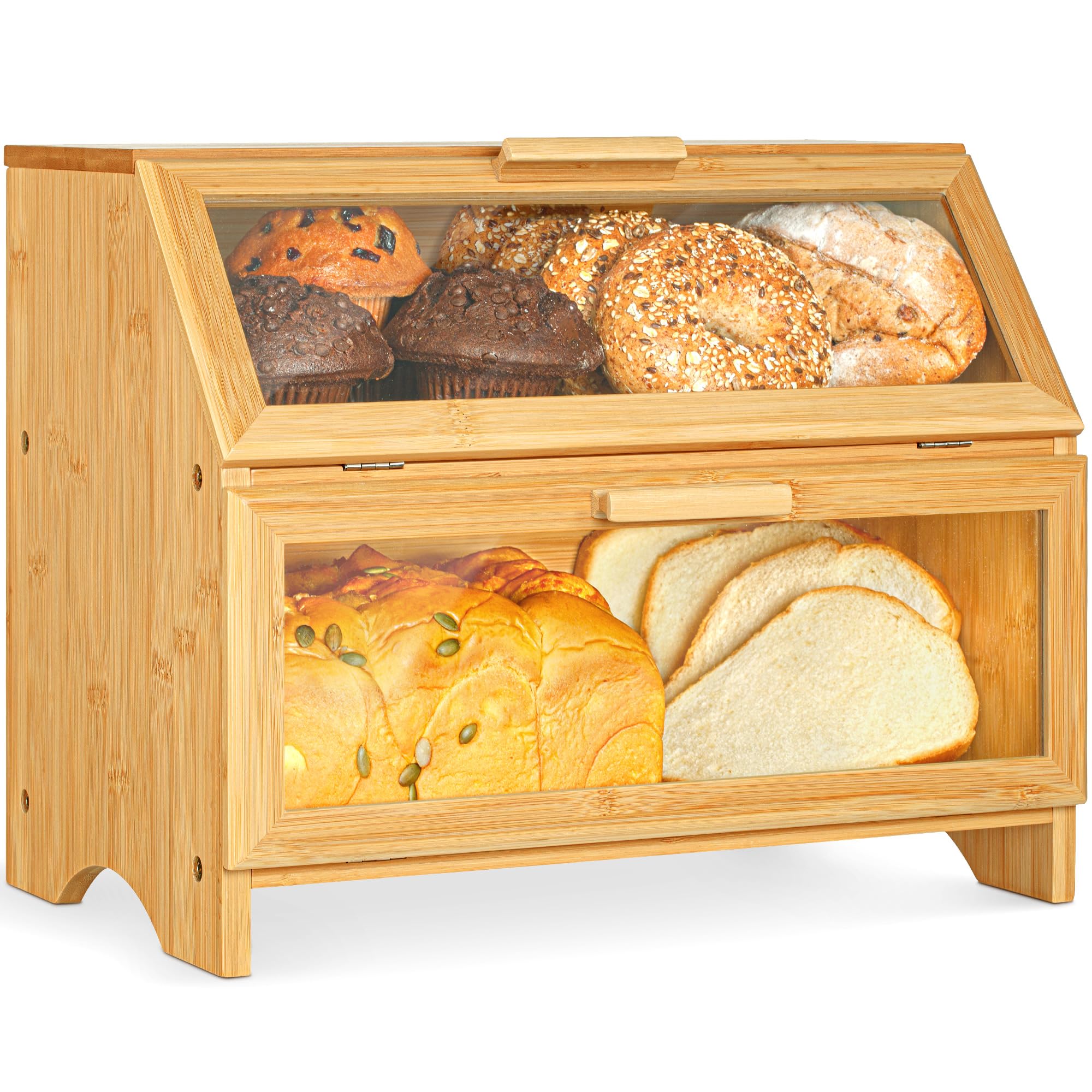 Double Layer Bamboo Bread Box for Kitchen Countertop - Large Wooden Storage Box w/Clear Display Windows - Food Keeper for Muffins, Bagels & Cookies
