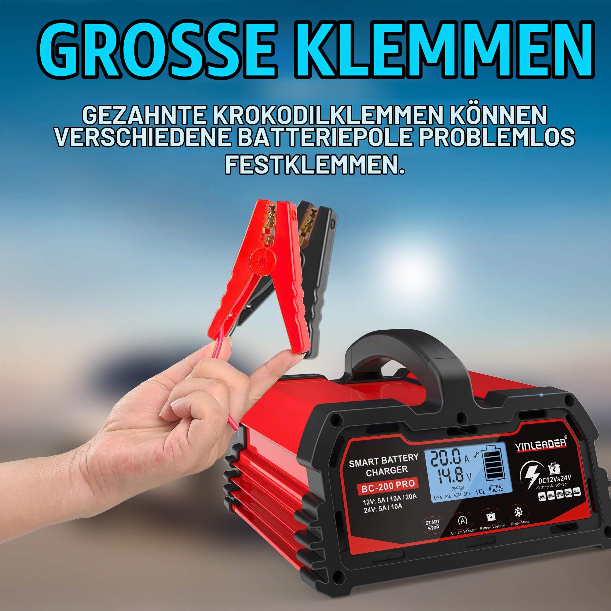 Autobatterie Ladegerät 20A 12V/24V Batterieladegerät Auto Intelligentes Erhaltungsladegerät mit LCD-Bildschirm, Ladegeräte für Autobatterien und Motorradbatterie