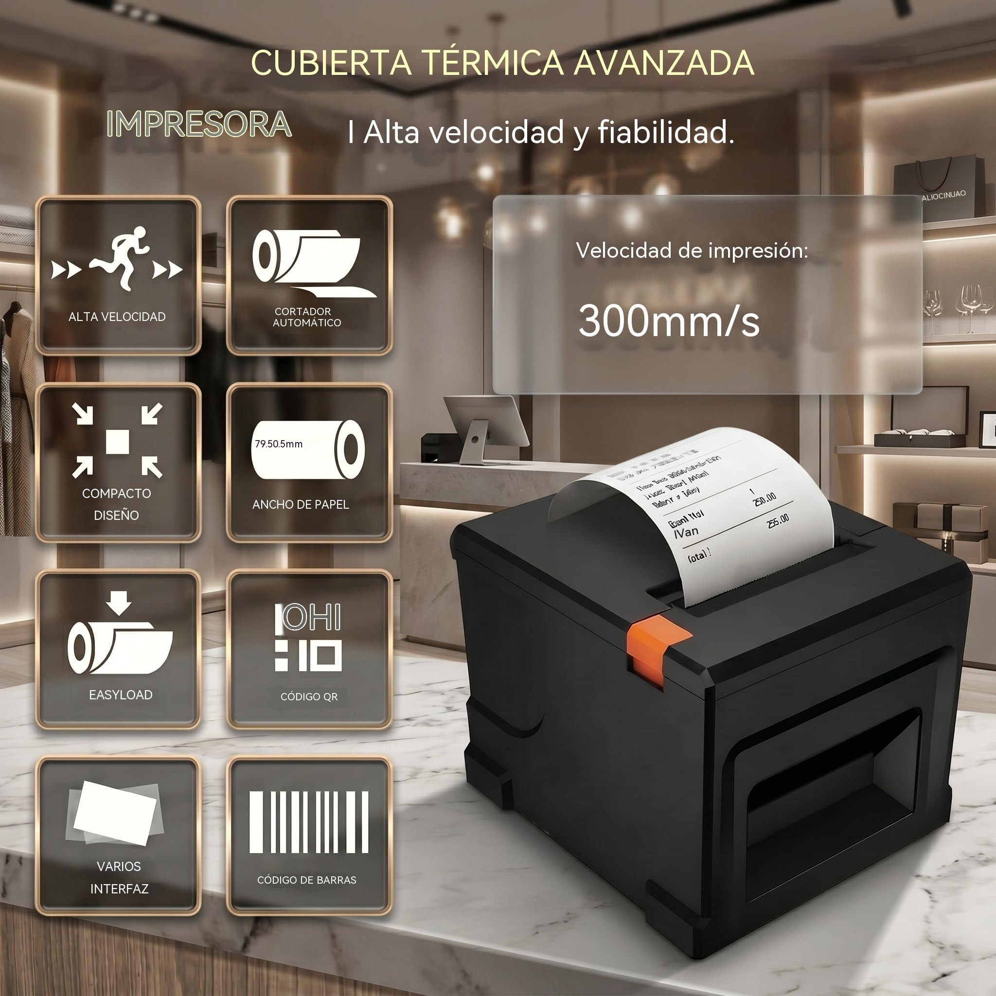 Impresora Térmica POS 80mm con Bluetooth y USB, 300mm/s, Compatible con Windows y Mac, Ideal para Restaurantes, Bares, Tiendas y Comercios