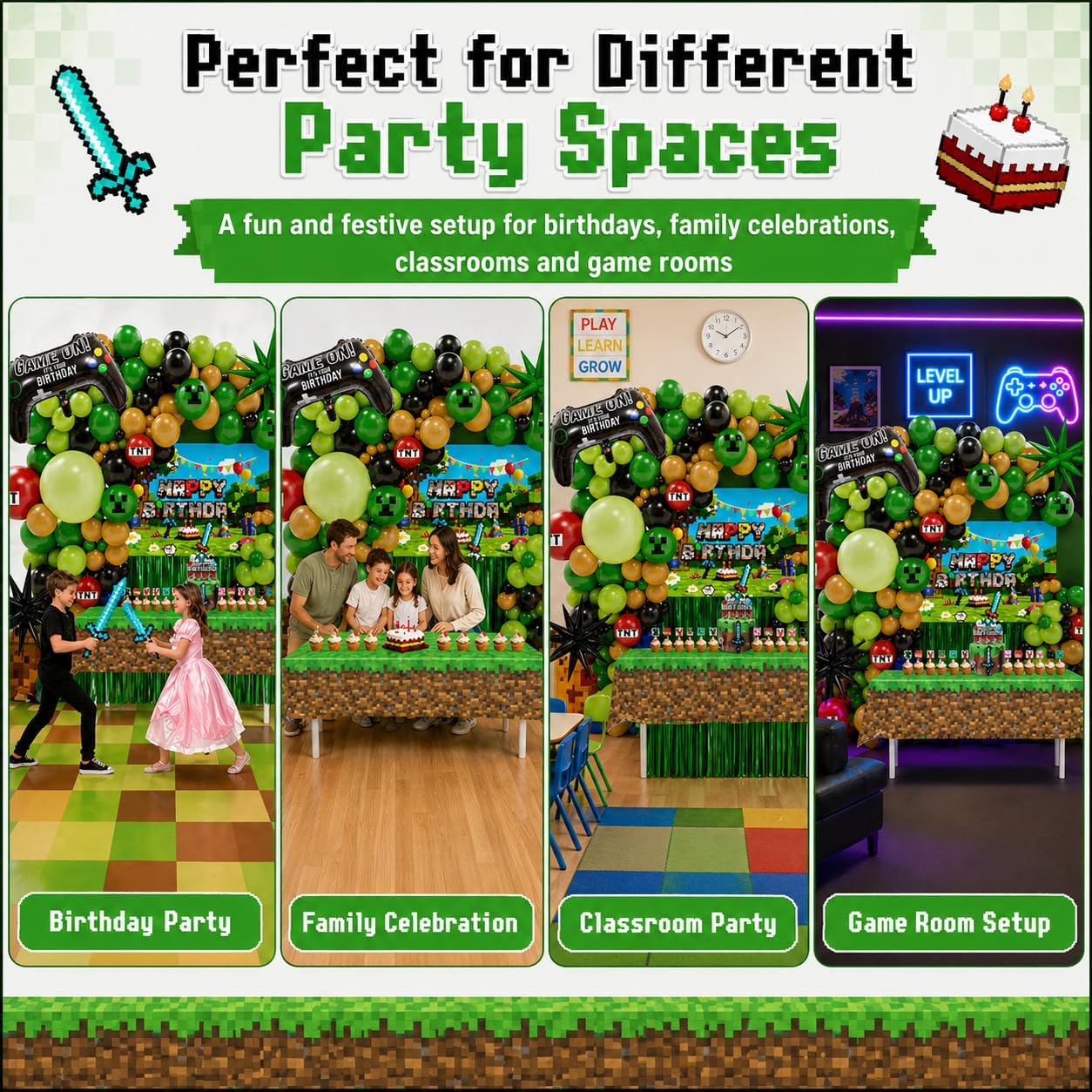 Pixel Game Birthday Party Decorations, “Game On” Pixel Theme Party Supplies Kit for Boys & Girls —131 Pcs Balloons, Backdrop, Curtain, Table Cover, Cake Toppers