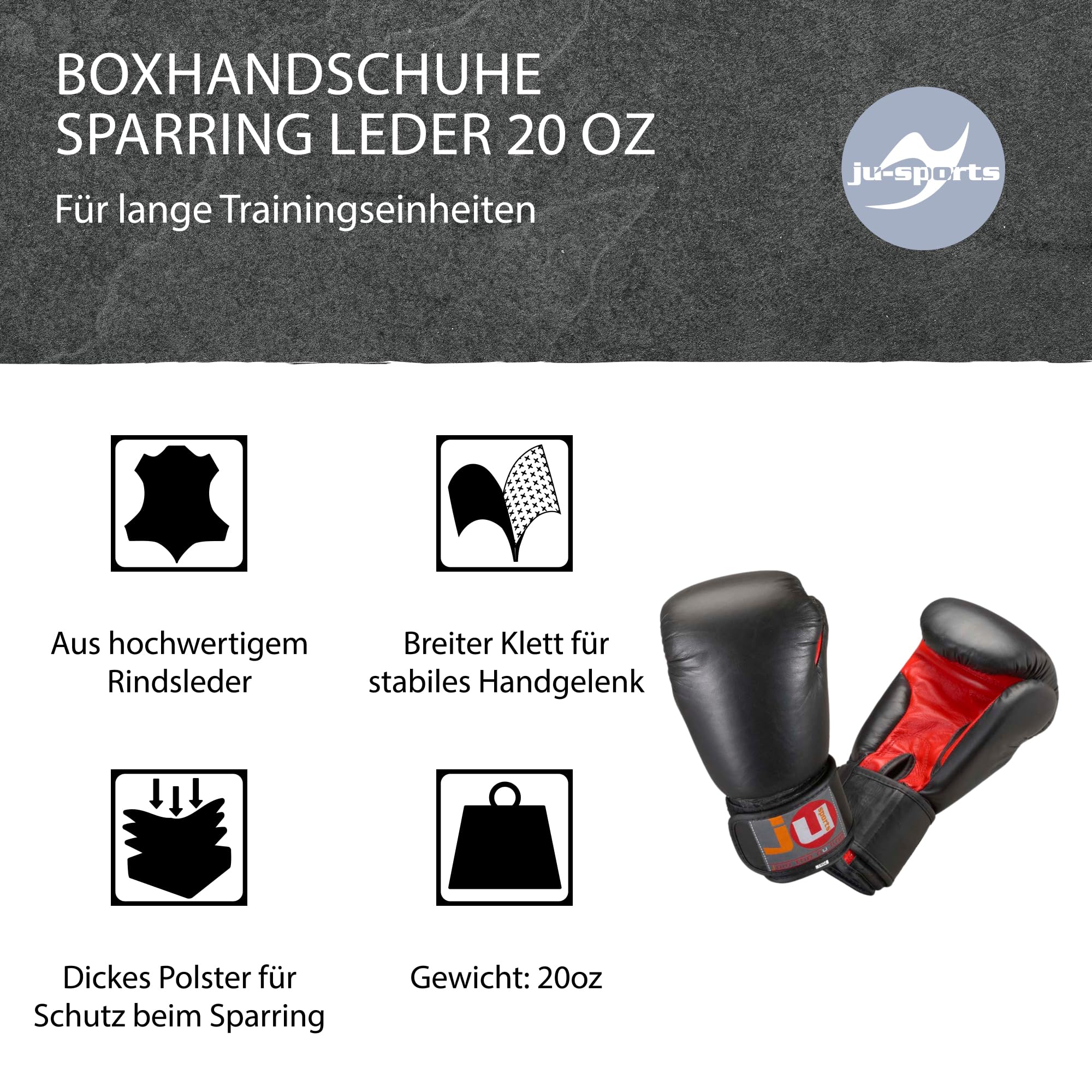 Ju-Sports Boxhandschuhe Sparring Leder - 20oz, schwarz/rot I Schwere Box Trainingshandschuhe für Ausdauer & Sparring I Handschuhe mit Daumenschutz