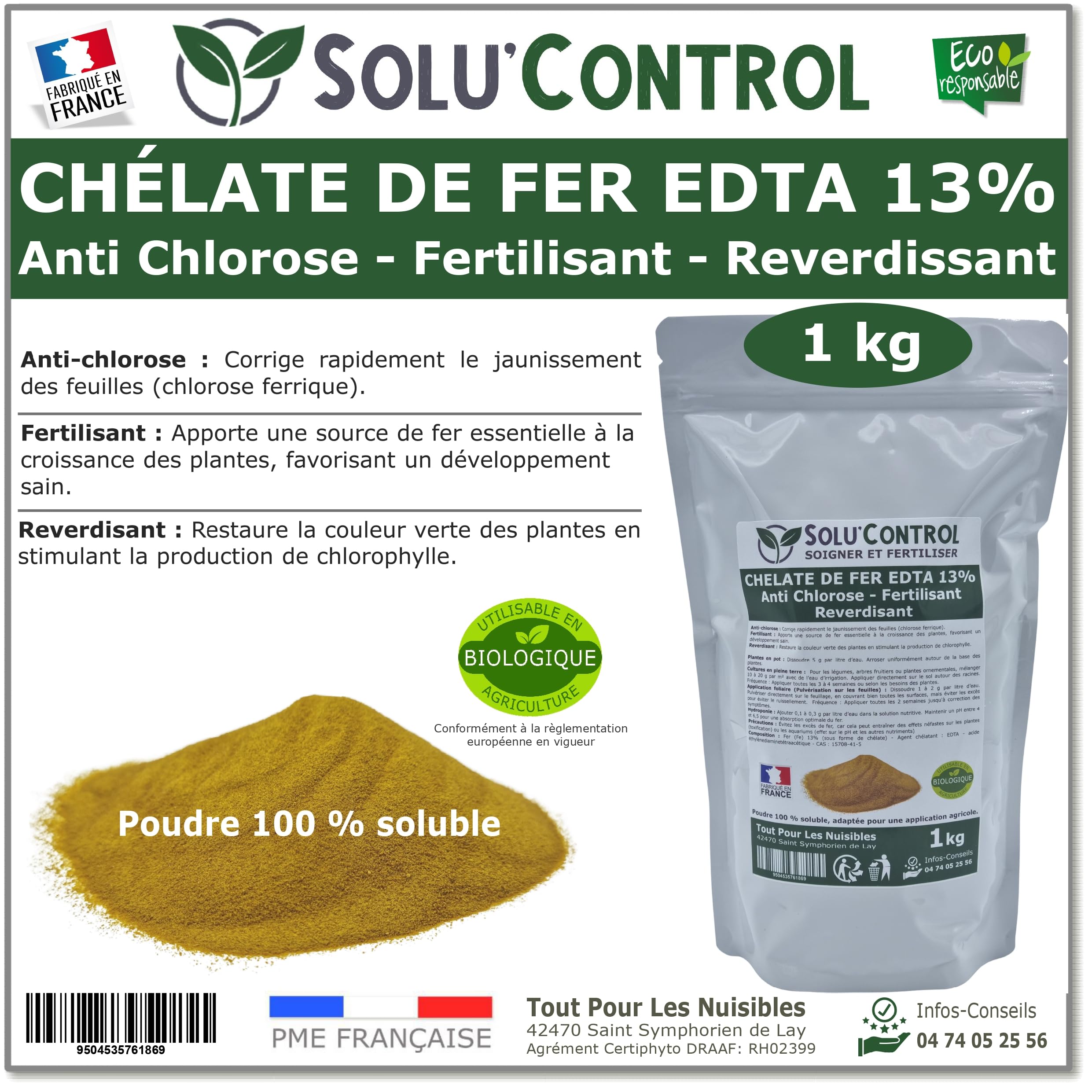 Solu'Control Chélate de Fer EDTA 13%, Anti-chlorose, Fertilisant, Reverdissant, 1 kg