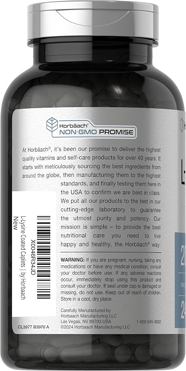Horbaach L-Lysine Supplement 2000mg | 240 Caplets | Free Form L-Lysine Hydrochloride | Vegetarian, Non-GMO, Gluten Free