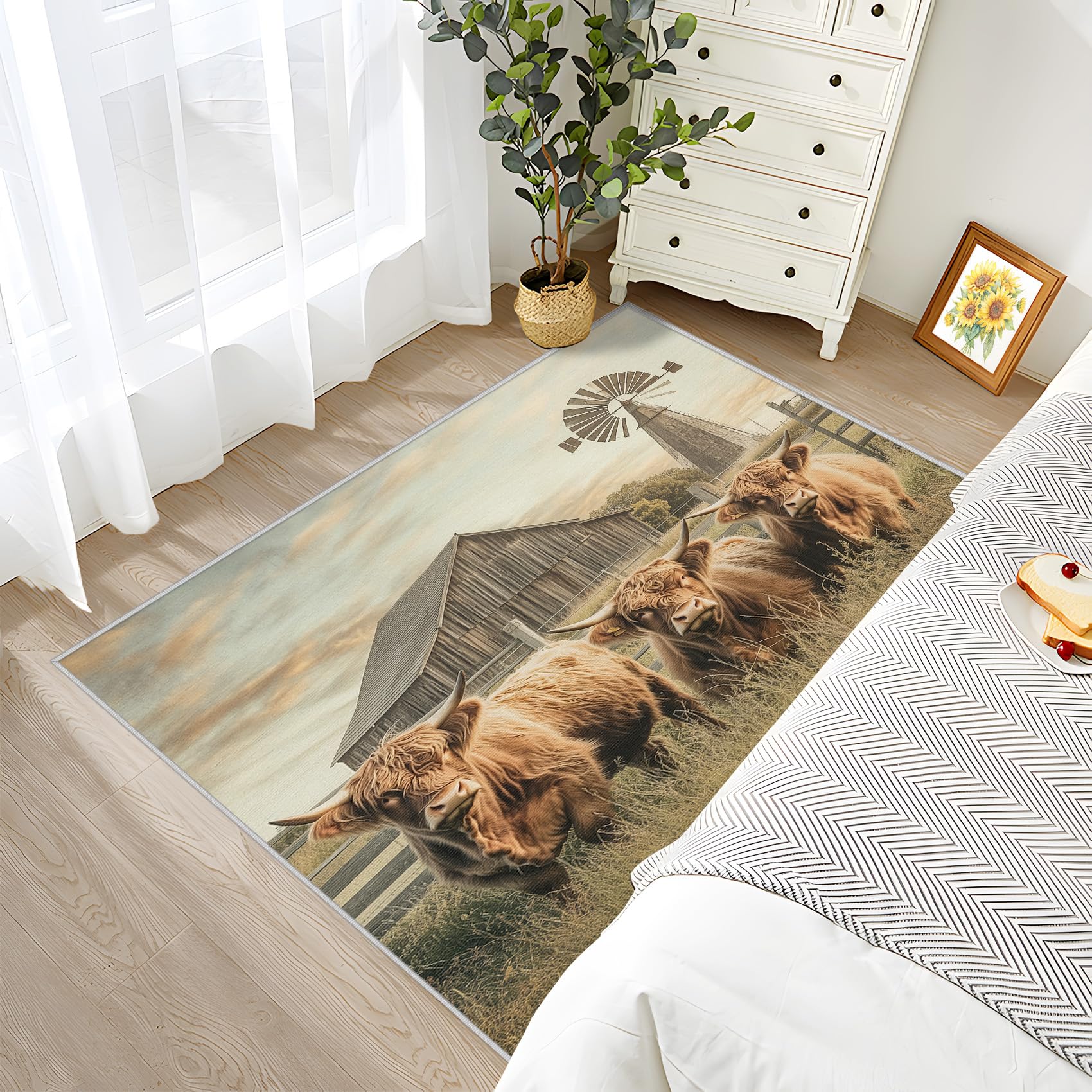 Hochlandrind Deko, Rustikale Bauernhaus Teppich 120x160 Kurzflor, Teppich Wohnzimmer Bauernhoftiere, Weich rutschfest Waschbare Teppiche, Bettvorleger Schlafzimmer Kinderzimmer