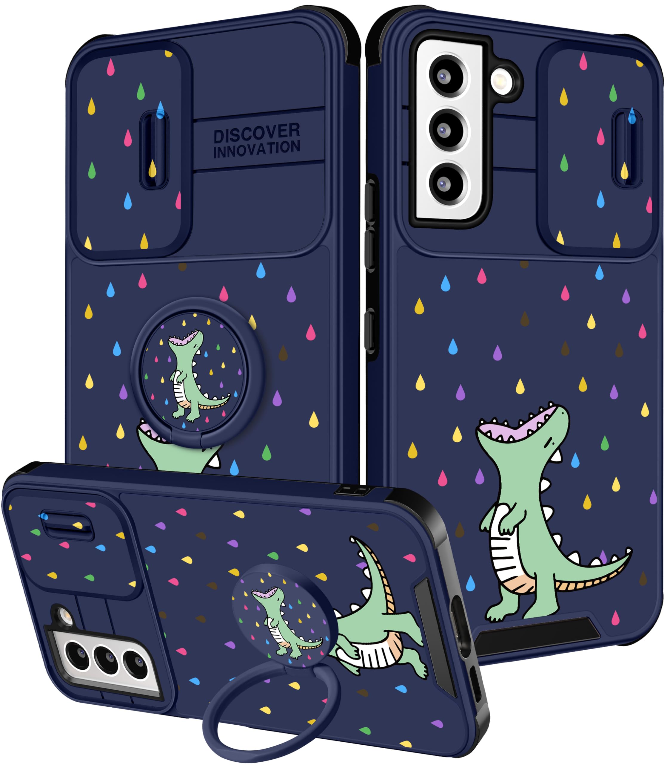 Goocrux (2in1 for Samsung Galaxy S21 FE 5G Case Cartoon for Women Cute Boys Kids Phone Cover Cool Green Unique Design with Slide Camera Cover+Ring