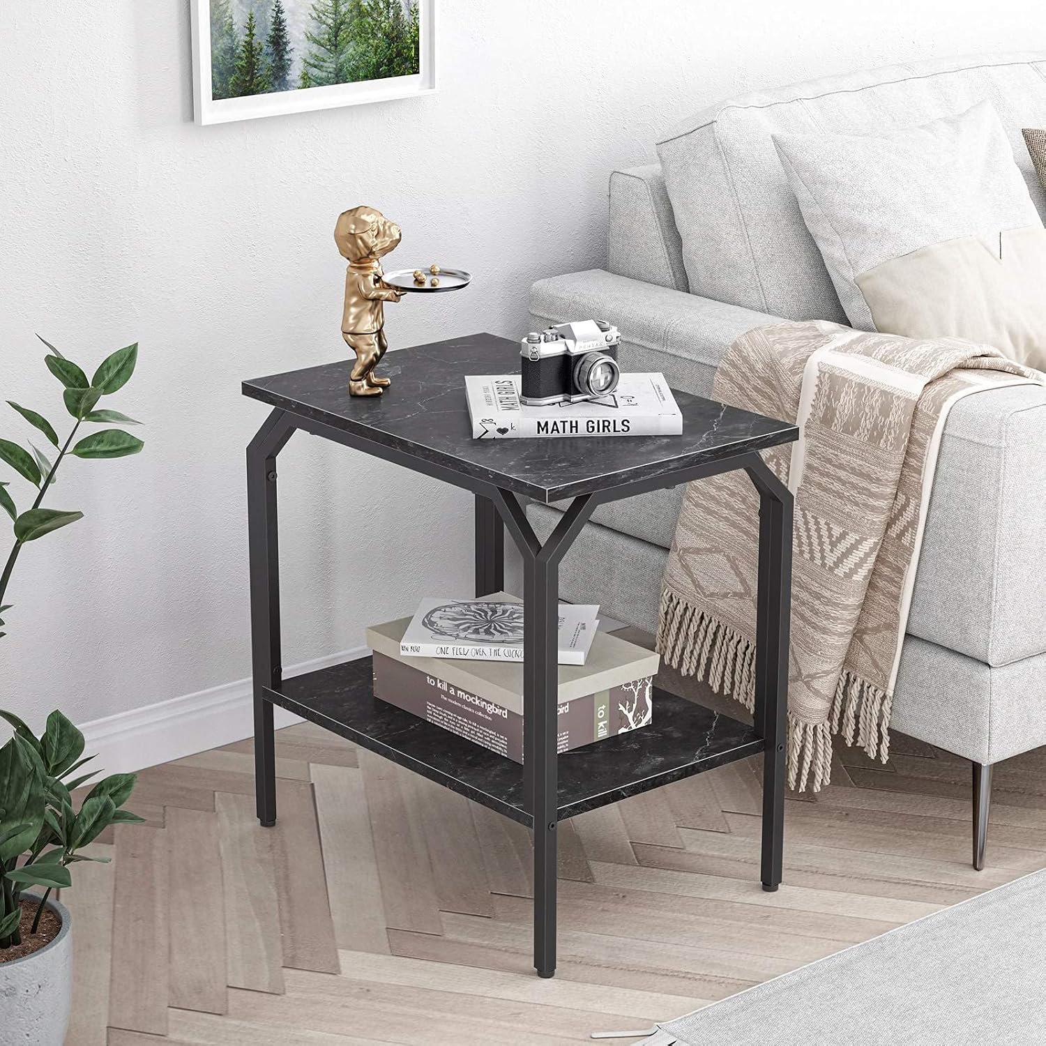 Cubiker End Table, Side Tables for Living Room Bedroom, 2-Tier Accent Table with Wooden Shelf, Waterproof Boards and Metal Frame, Easy to Assemble, Marbling